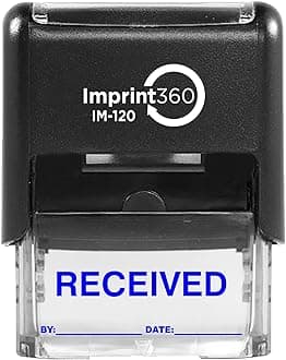 AS-IMP1104B - Received Stamp with by: & Date:, Blue Ink, Heavy Duty Commerical Self-Inking Rubber Stamp, 9/16" x 1-1/2" Impression