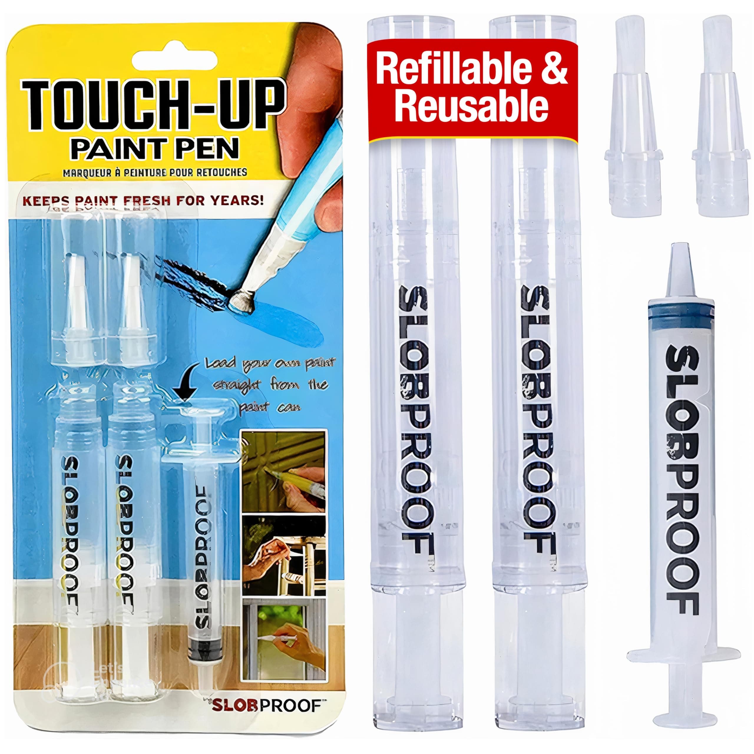 Slobproof Refillable Touch-Up Paint Pen, Mess-Free, Reusable Wall Paint Repair Tool, Precise Application, DIY Home Improvement, Furniture, Arts and Crafts, Patented Design, Easy Storage, Pack of 2