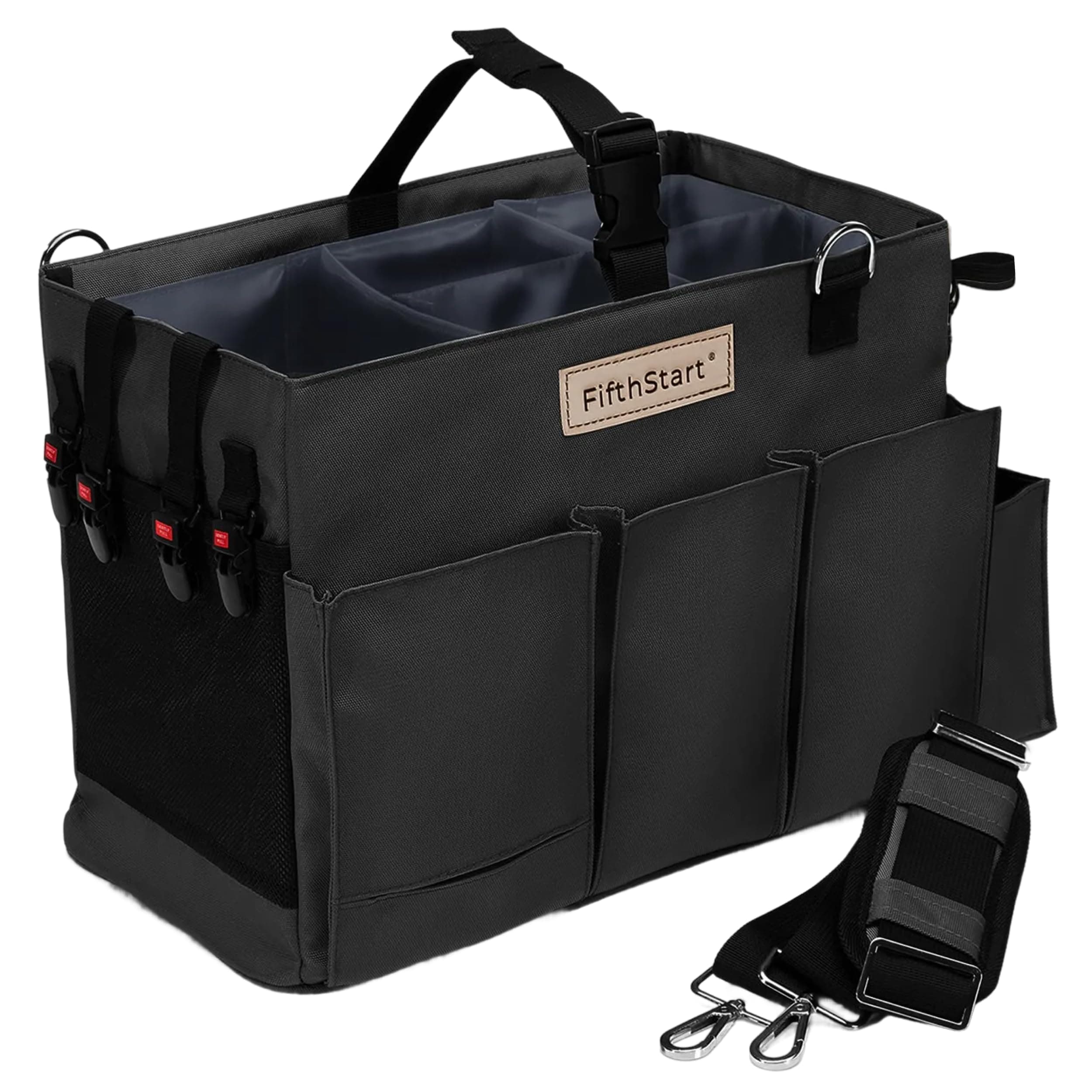 FifthStart Multiuse Cleaning Caddy with Waist & Shoulder Strap - Diaper Caddy & Beach Bag - 9 Pockets & Mesh Base - Adjustable Compartments (Black, Small) - Cleaning Supplies Organizer Bag