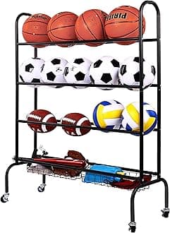 Signature Fitness Garage Sports Equipment Organizer, Garage Ball Storage, Sports Gear Storage, Garage Organizer with Baskets and Hooks, Rolling Sports Ball Storage Cart, Black, Steel, Multiple Styles