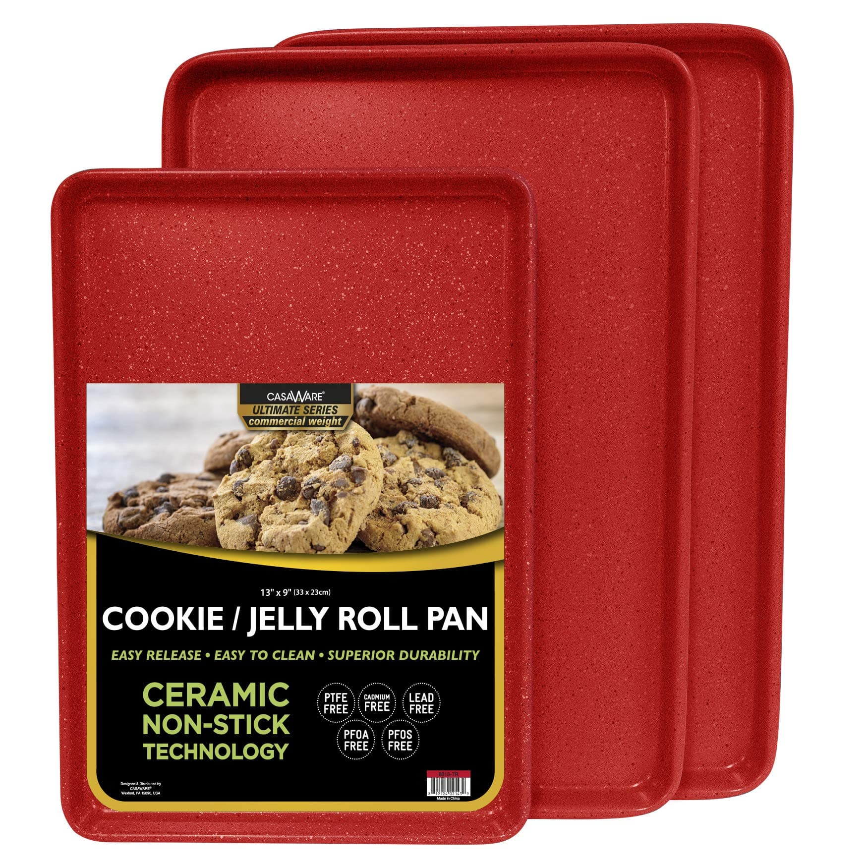 casaWare 3pc Ultimate Commercial Weight Cookie Sheet Set, Two 15 x 10-Inch Pans, One 13 x 9-Inch-Inch Pan (Red Granite)