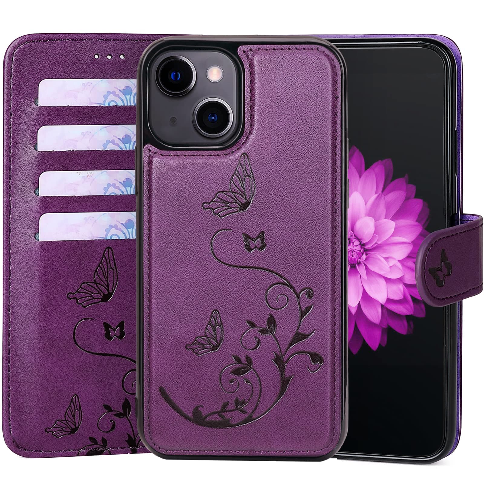 WaterFox iPhone 14 Wallet Leather Case with 2 in 1 Detachable Cover, Women's RFID Blocking Case with 4 Card Slots & Wrist Strap Case - Purple
