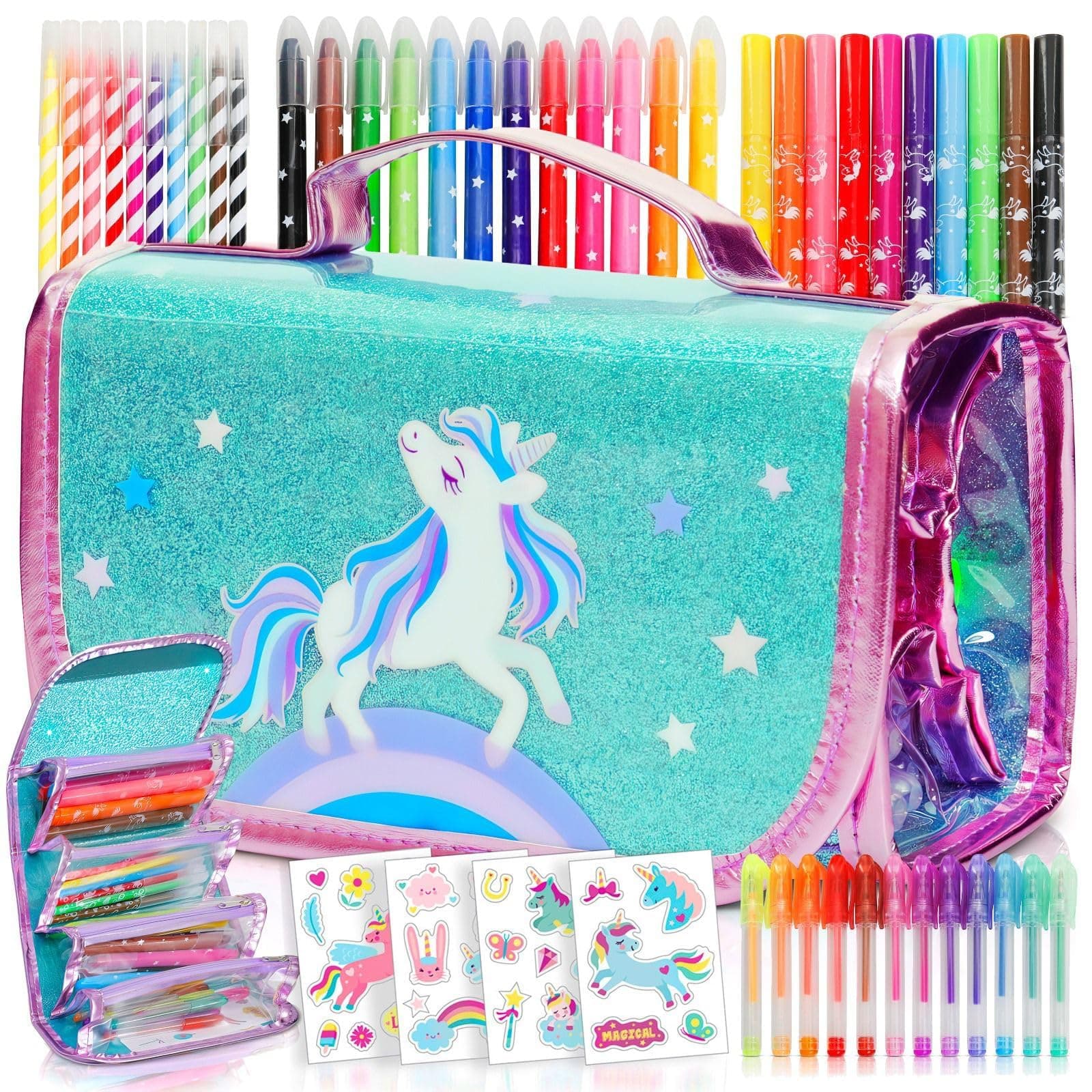 Amitié Lane Silly Scented Markers for Kids. Arts & Crafts Unicorn Gifts for Girls 6-8. Fun Kids Toys for Girls That Includes Unicorn Markers, Crayons, Stickers and Carrying Case.