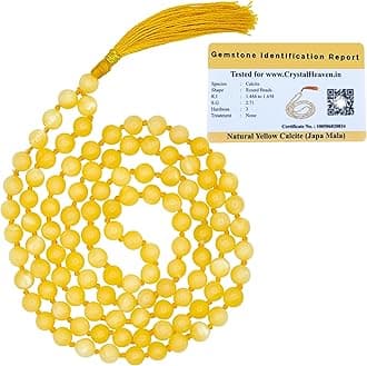 Certified Yellow Calcite Crystal Japa Mala Ganthi - 108 Beads Buddhist Prayer Beads - AAA Grade Original Healing Gemstone Agate Mala for Yoga Meditation Spiritual Reiki Feng Shui
