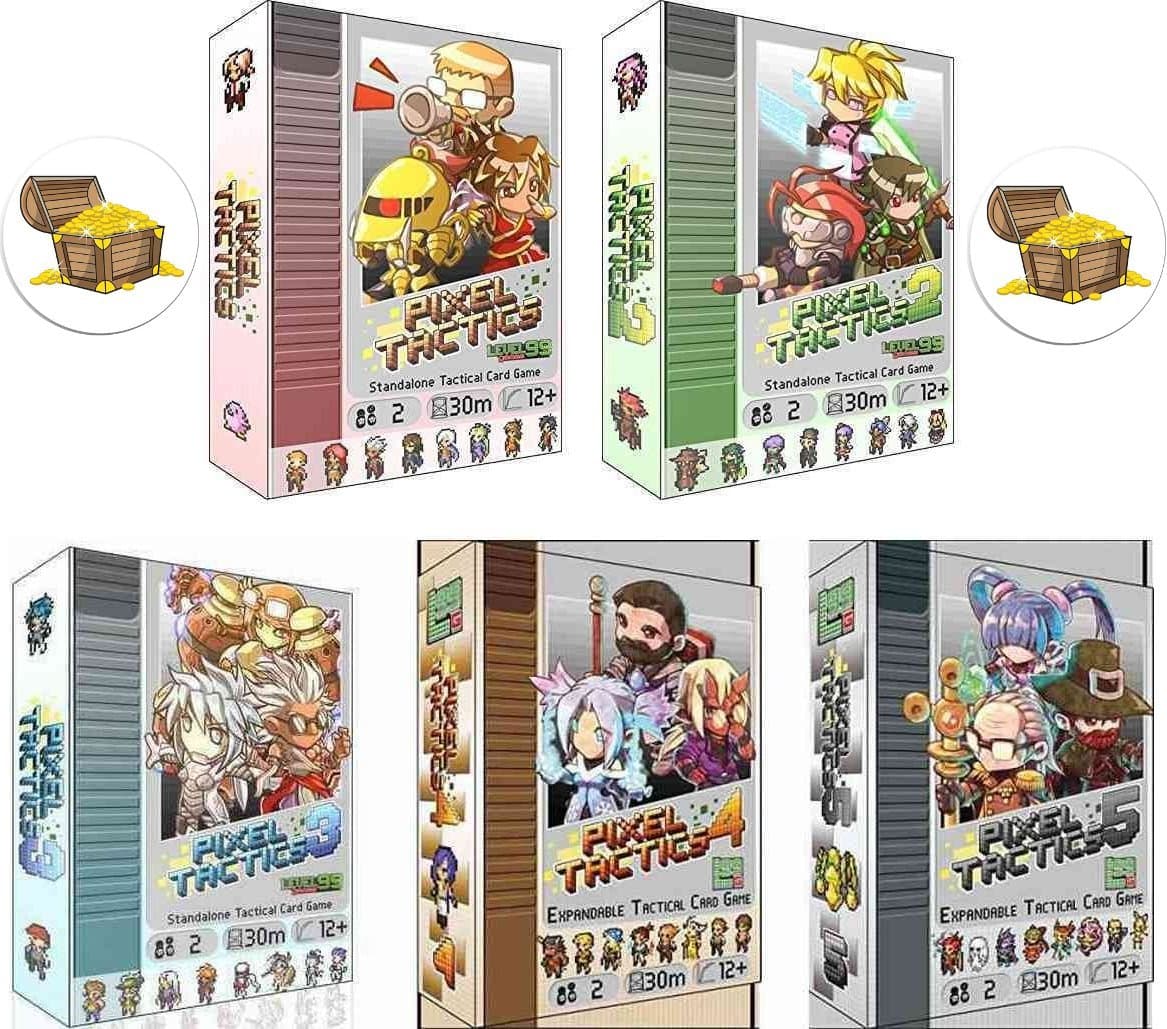 1-5 Card Game Bundle of Pixel Tactics 1, 2, 3, 4, and 5 Plus 2 Treasure Chest Pin Back Buttons