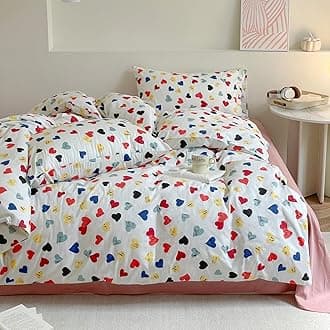 Heart Kids Duvet Cover Set Queen 100% Cotton Bedding for Boys Girls Teens Black Blue Red Yellow Hearts on White 1 Romantic Love Full Comforter Cover 2 Pillow Shams, Queen
