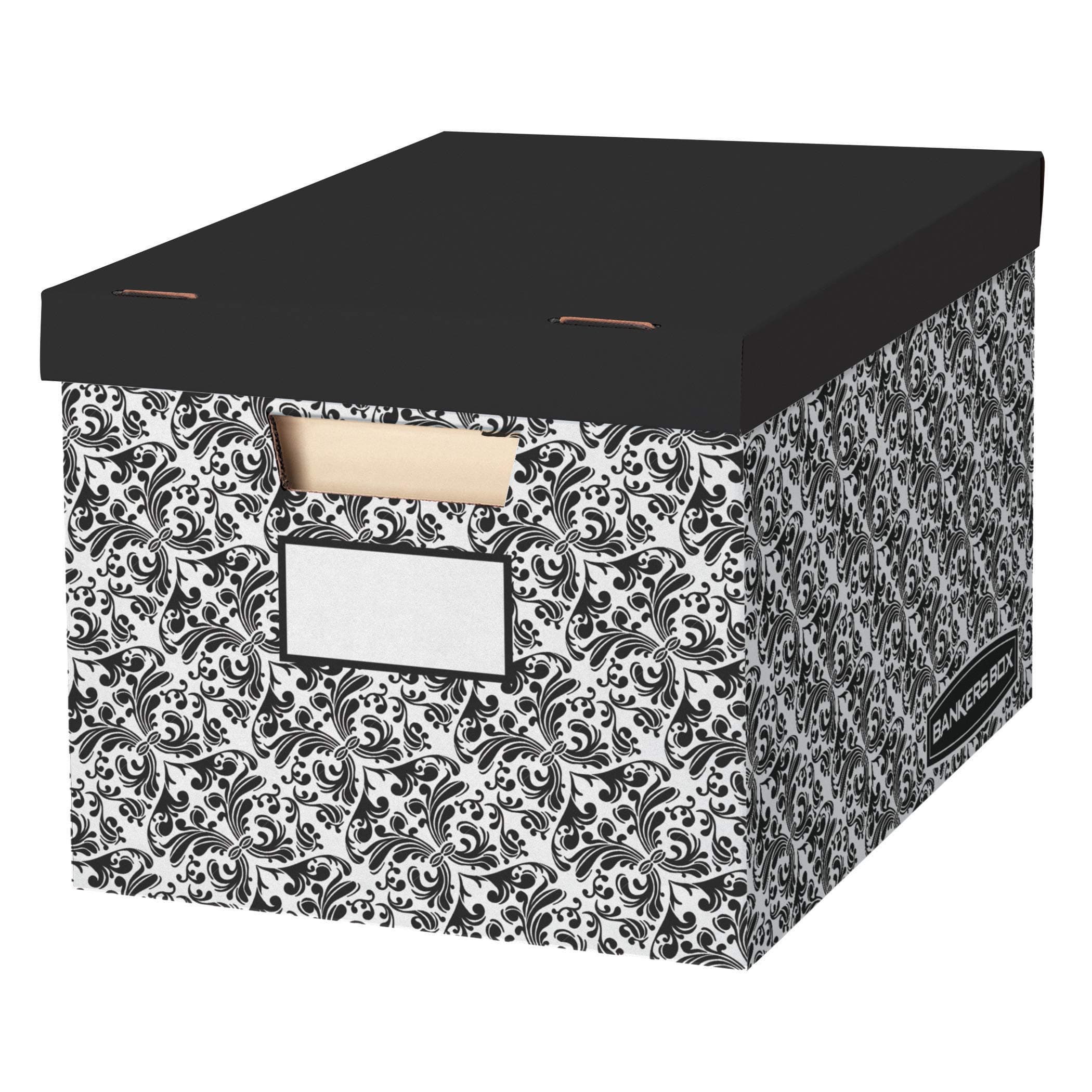 BANKERS BOX 10 Pack STOR/FILE Decorative Medium-Duty File Storage Boxes, FastFold, Lift-Off Lid, Letter/Legal, Black/White Brocade