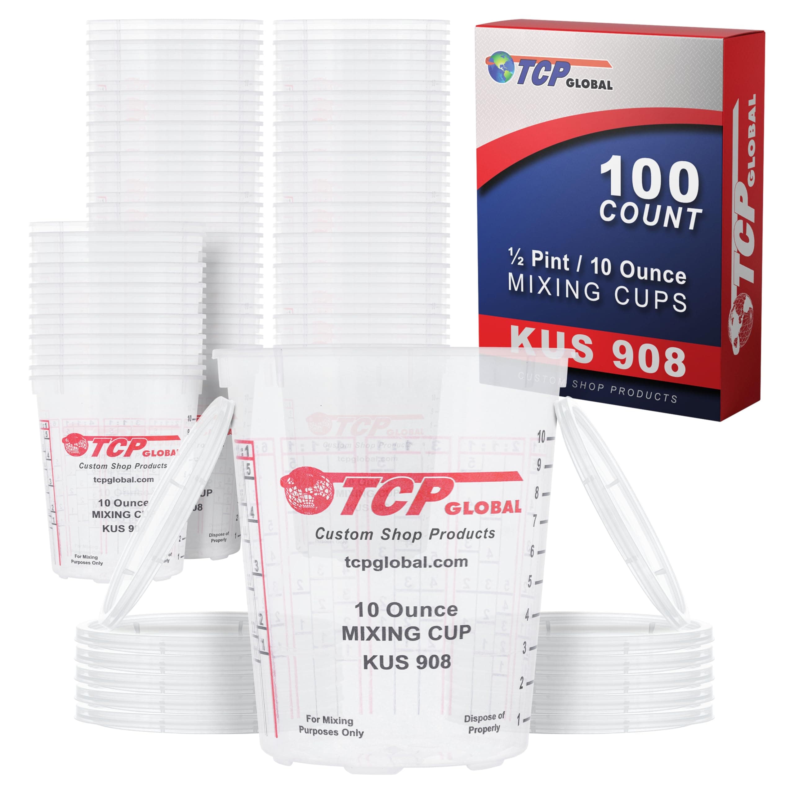 Paint Mixing Cups, 10-Ounce (Box of 100) - Plastic Measuring Cups for Liquids, Automotive Painting, Epoxy Resin, Acrylic Arts, Crafts, Disposable or Reusable, Graduated, Mixing Ratios