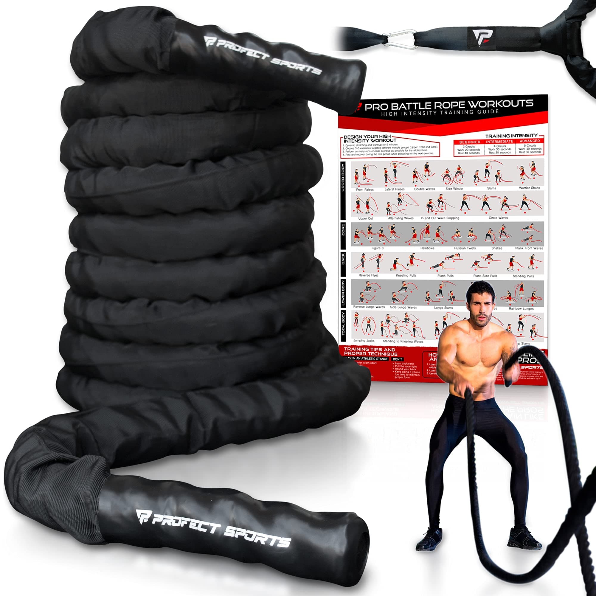 Pro Battle Ropes with Anchor Strap Kit and Exercise Poster – Upgraded Durable Protective Sleeve – 100% Poly Dacron Heavy Battle Rope for Strength Training, Cardio, CrossFit, Exercise Rope