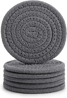 ABenkle 6Pcs Coasters for Drinks, Stylish Handmade Braided Woven Drink Coasters (4.3inch), 100% Cotton Super Absorbent Heat-Resistant Round Coasters, Great Housewarming Gift(Dark Grey)