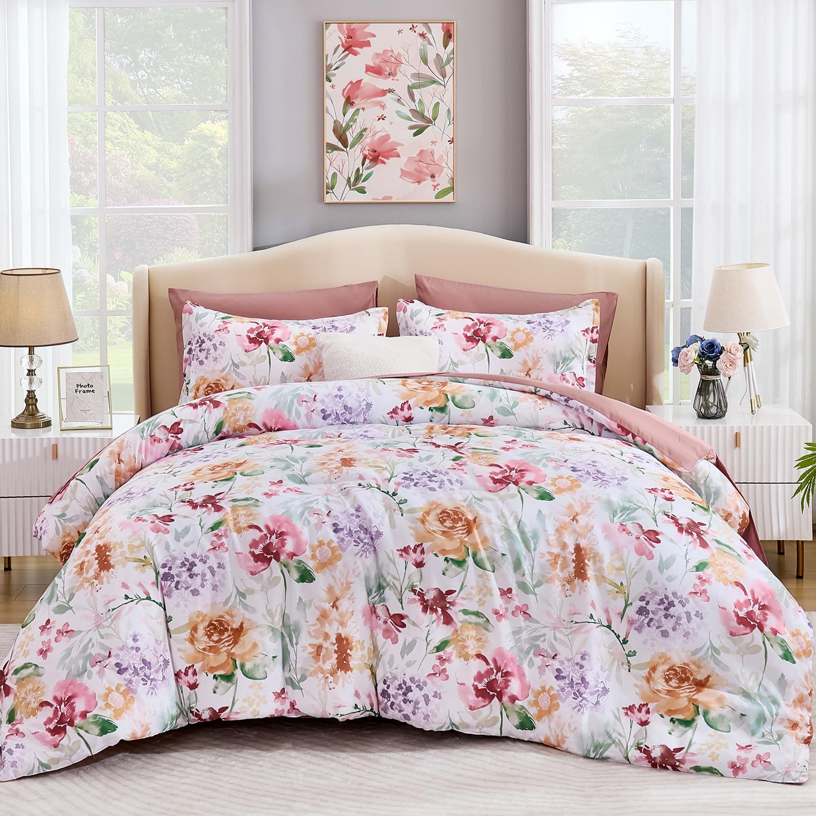 Floral Comforter Set King Size 7 Pieces Bed in a Bag, Dusty Rose Pink Flower Watercolor Bed Set, Soft Comforter with Sheet Set 104"x90"