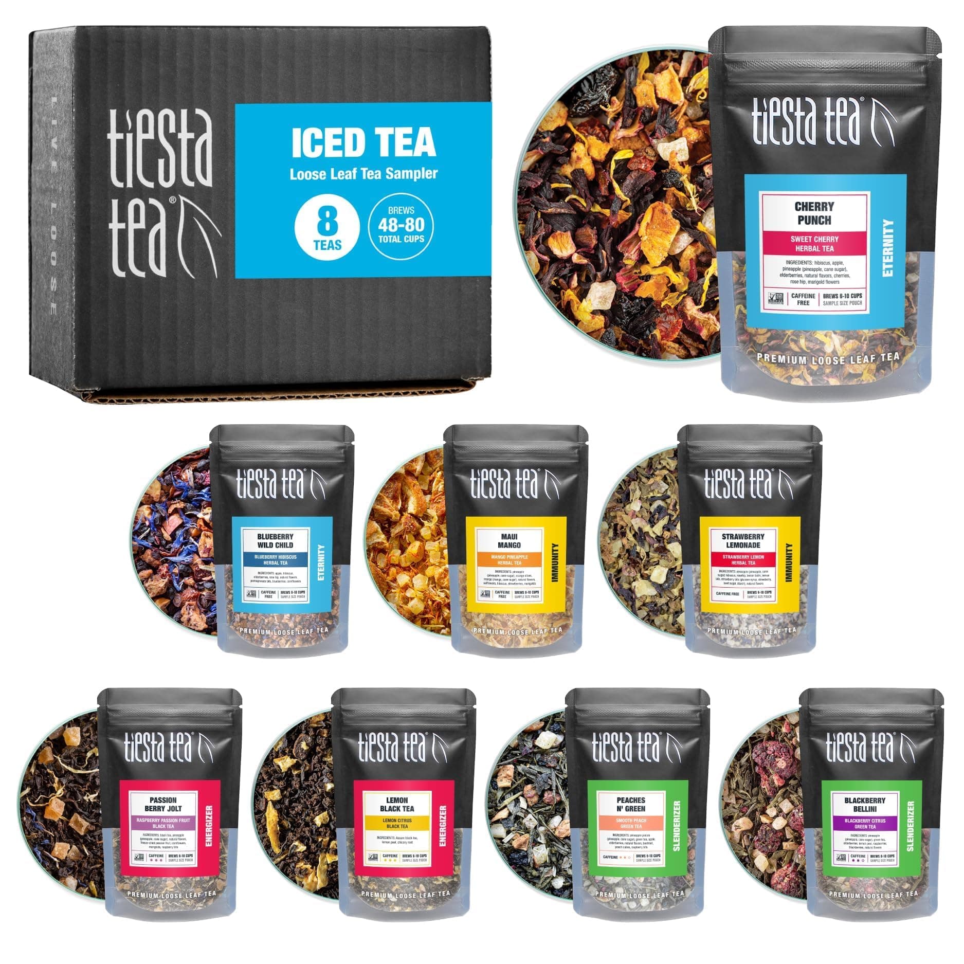 Tiesta Tea - Iced Tea Sampler Dry Flight Set, Loose Leaf, High to No Caffeine, Makes Cold Brew Iced Drink, Assorted Brew Sets with Herbal, Black, Fruit Blends & More, 8 Resealable Sample Pouches