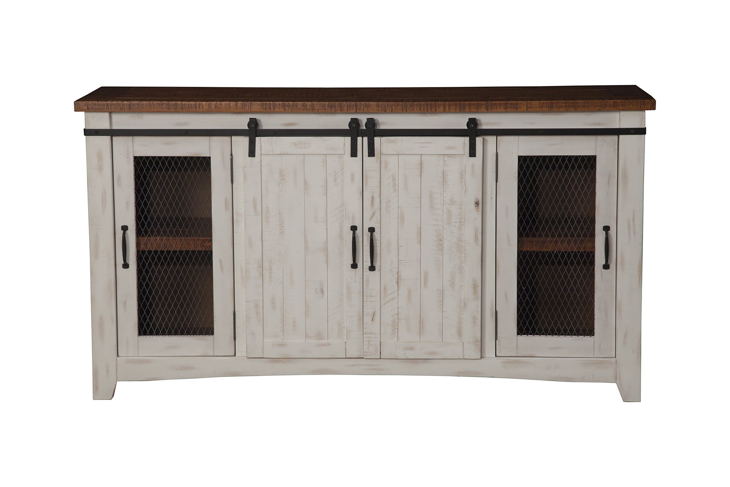 Martin Svensson Home 65" Solid Pine Wood Entertainment Center with Storage. Rustic TV Stand for TVs up to 70." Sliding Doors, Adjustable Shelves & Cable Management – White and Honey Finish