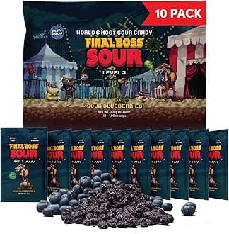 Sour Candy, Sour Blueberries, 10 Pack, Level 3, Fruit Chews with Real Dried Fruit, No Artificial Colors or Flavors, Low Calorie Snack for Kids, Teens, Adults, Lunch Boxes