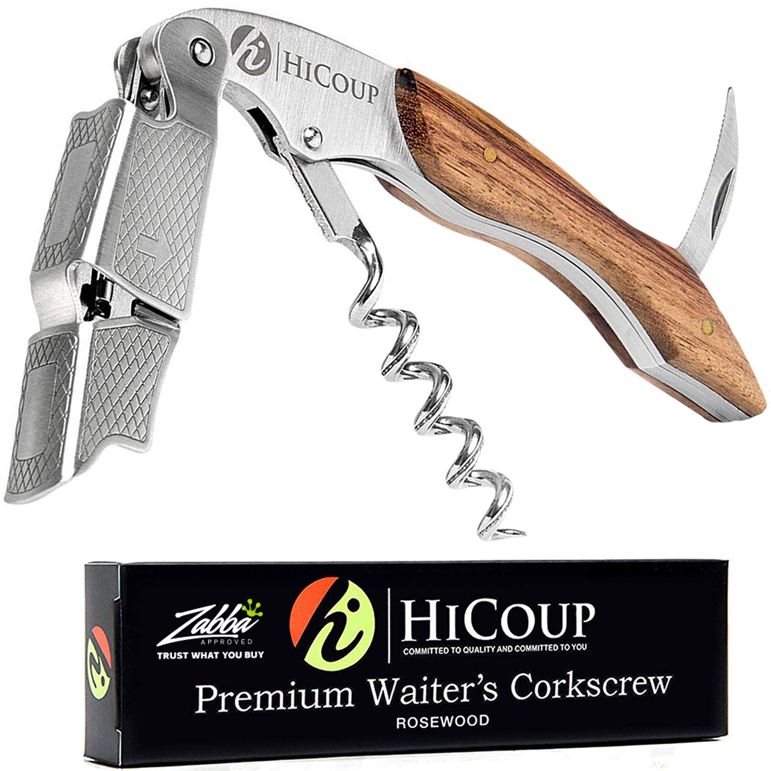 HiCoup Kitchenware Wine Opener - Professional Corkscrews for Wine Bottles w/Foil Cutter and Cap Remover - Manual Wine Key for Servers, Waiters, Bartenders and Home Use - Classic Rosewood
