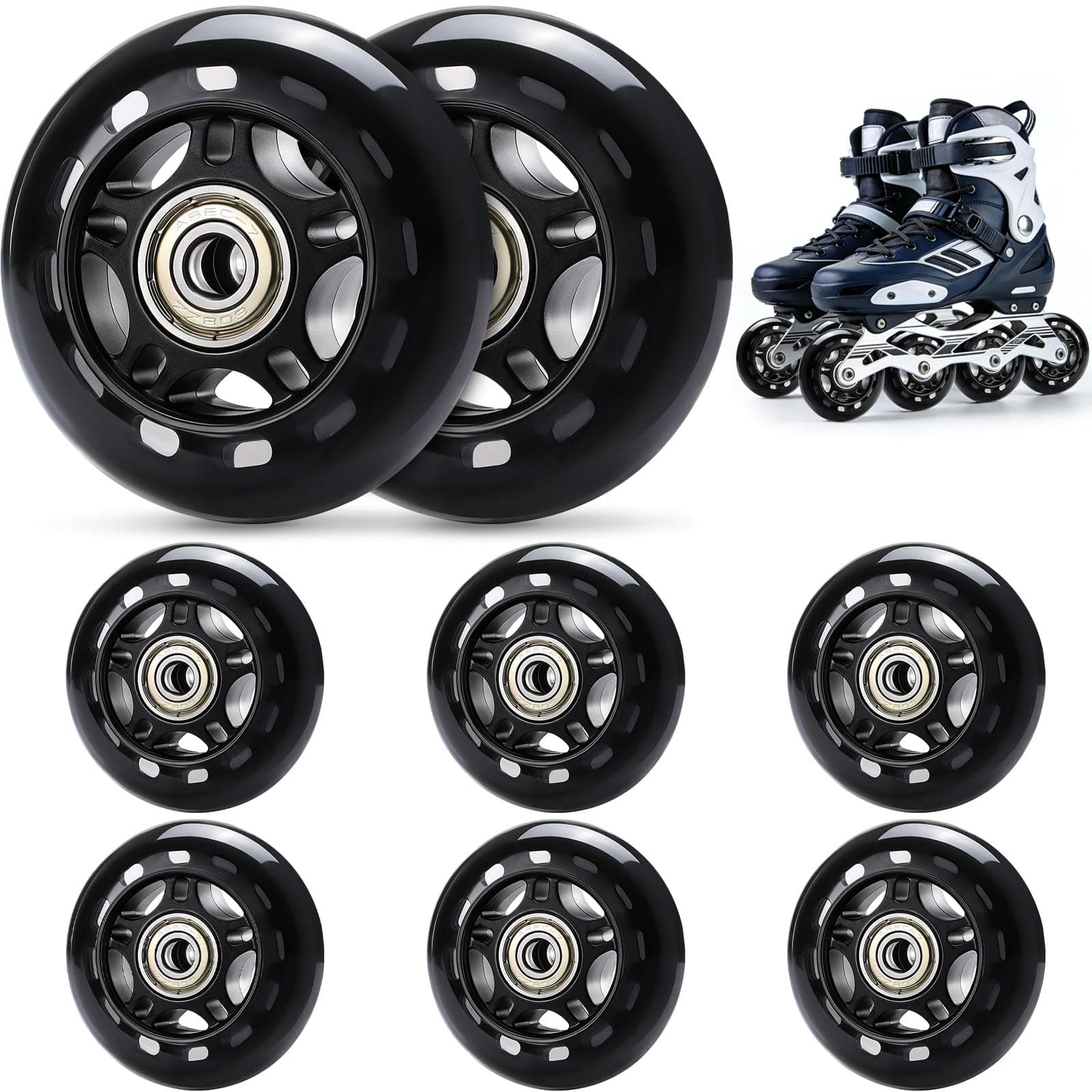 TOBWOLF 8 Pack 76mm 84A Inline Skate Wheels with ABEC-7 Bearings, Roller Skate Replacement Wheels for Girls & Boys Roller Blade Skating - Black