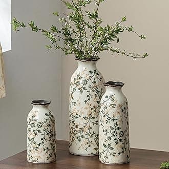 Ceramic Vase Set of 3, Vintage Green and Beige Vases Set, Flower Rustic Chinoiserie Vases Floral Grand Millennial Farmhouse Decor Vase for Home Decor, Living Room, Kitchen, Bedroom, Bookshelf