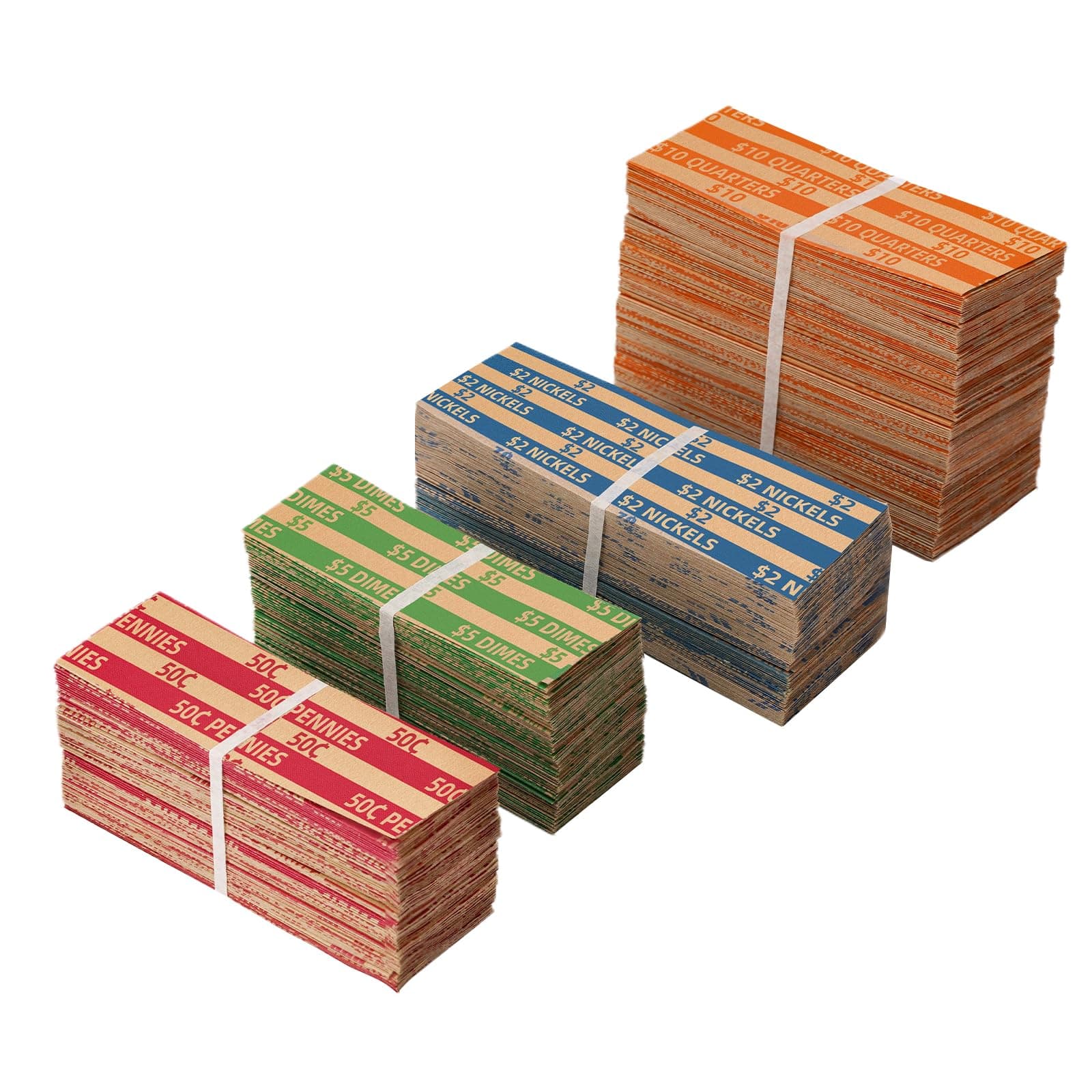 Coin Wrappers Assorted 500 Flat Stripped Coin Roll Wrappers for All Coins Including 200 Quarter Wrappers and 100 Each of Penny, Nickel, Dime Wrappers