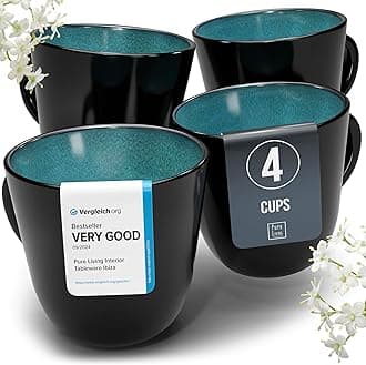 PURE LIVING INTERIOR DESIGN Stoneware Coffee Mug Set of 4, Stylish Modern Petrol-Blue Cups, 14.5 Oz Ceramic, Dishwasher and Microwave Safe