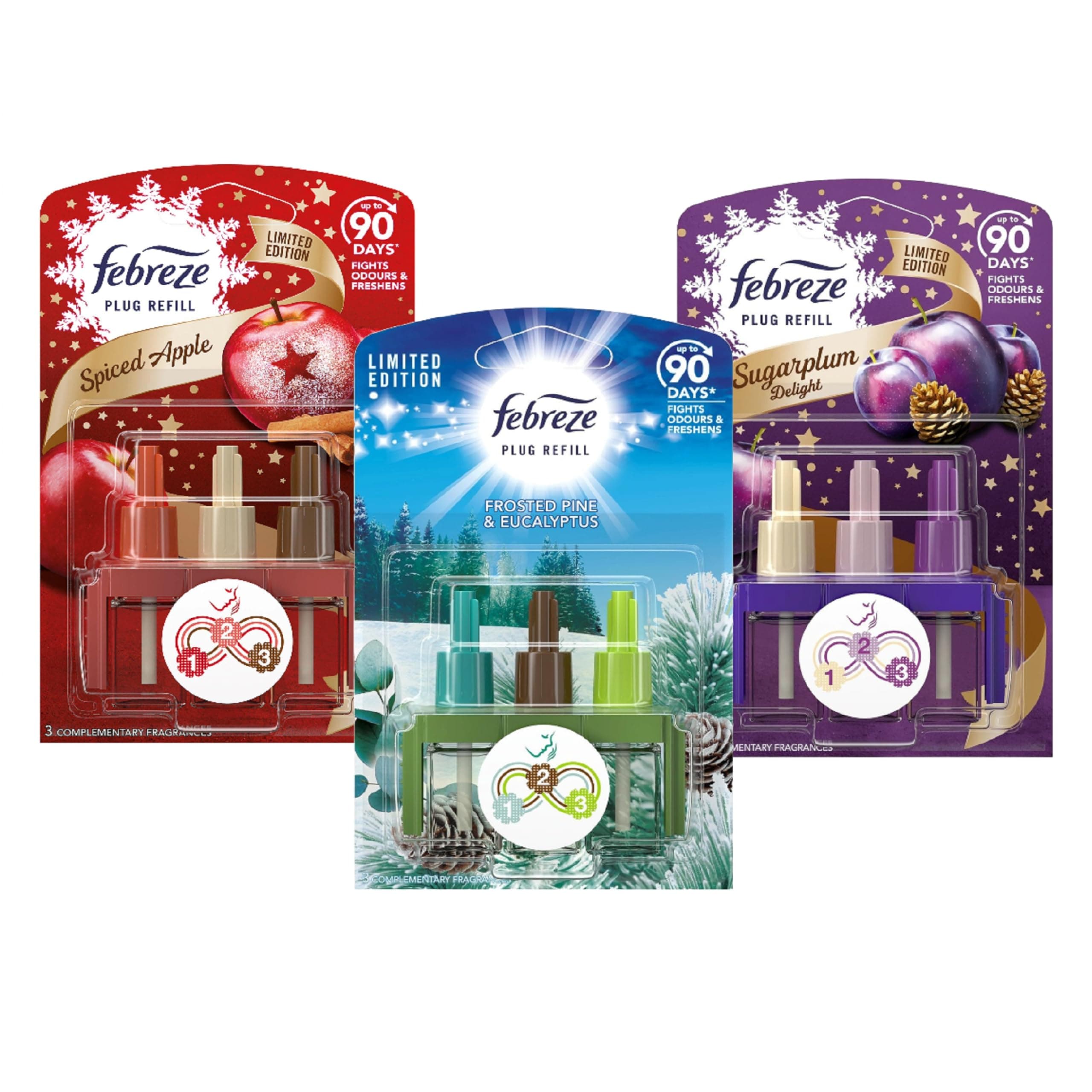 ToplineLimited Christmas Edition Plug In Refill Bundle - 3 x 20ml Flavors: Spiced Apple, Sugar Plum, Frosted Pine & Eucalyptus Room Fresheners with Card. Gifts for Stocking Fillers