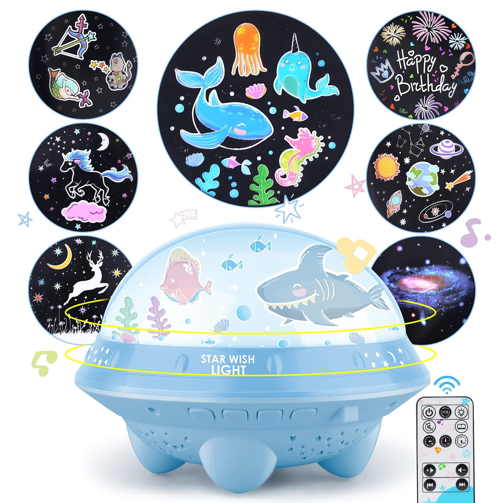 Night Light Musical Projector - Star Light Projector for Bedroom, 5 Lighting Modes Mood Lights for Baby Boys Girls Teens Adults Children Room, with Remote Control,7 Sets of Film,255 Story&Songs