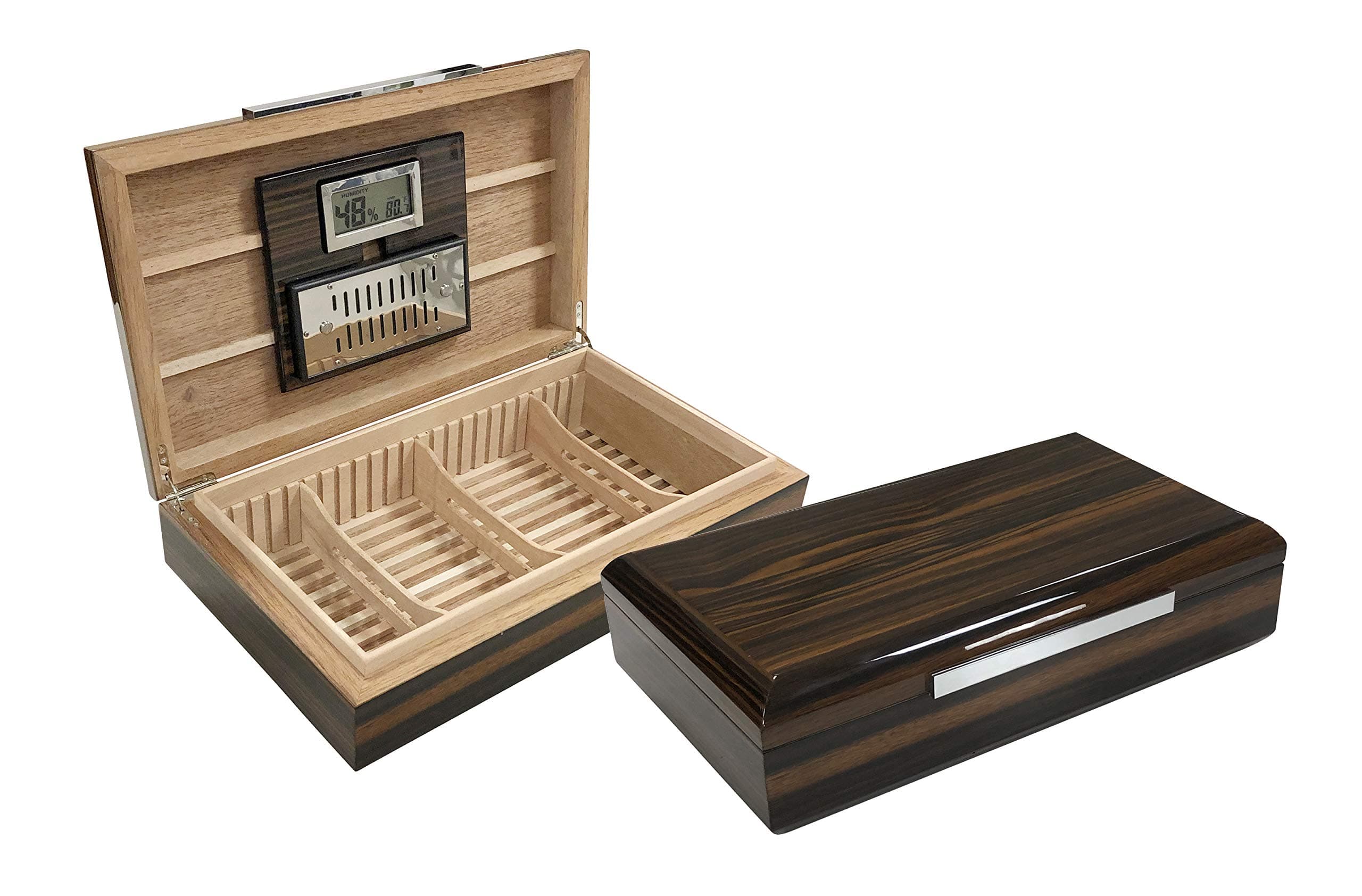 Prestige Import GroupVanderbilt Desktop High Lacquer Low Profile Cigar Humidor w/Aerator Grate & Slide & Lock Dividers - Holds Up to 120 Capacity - Color: Ebony
