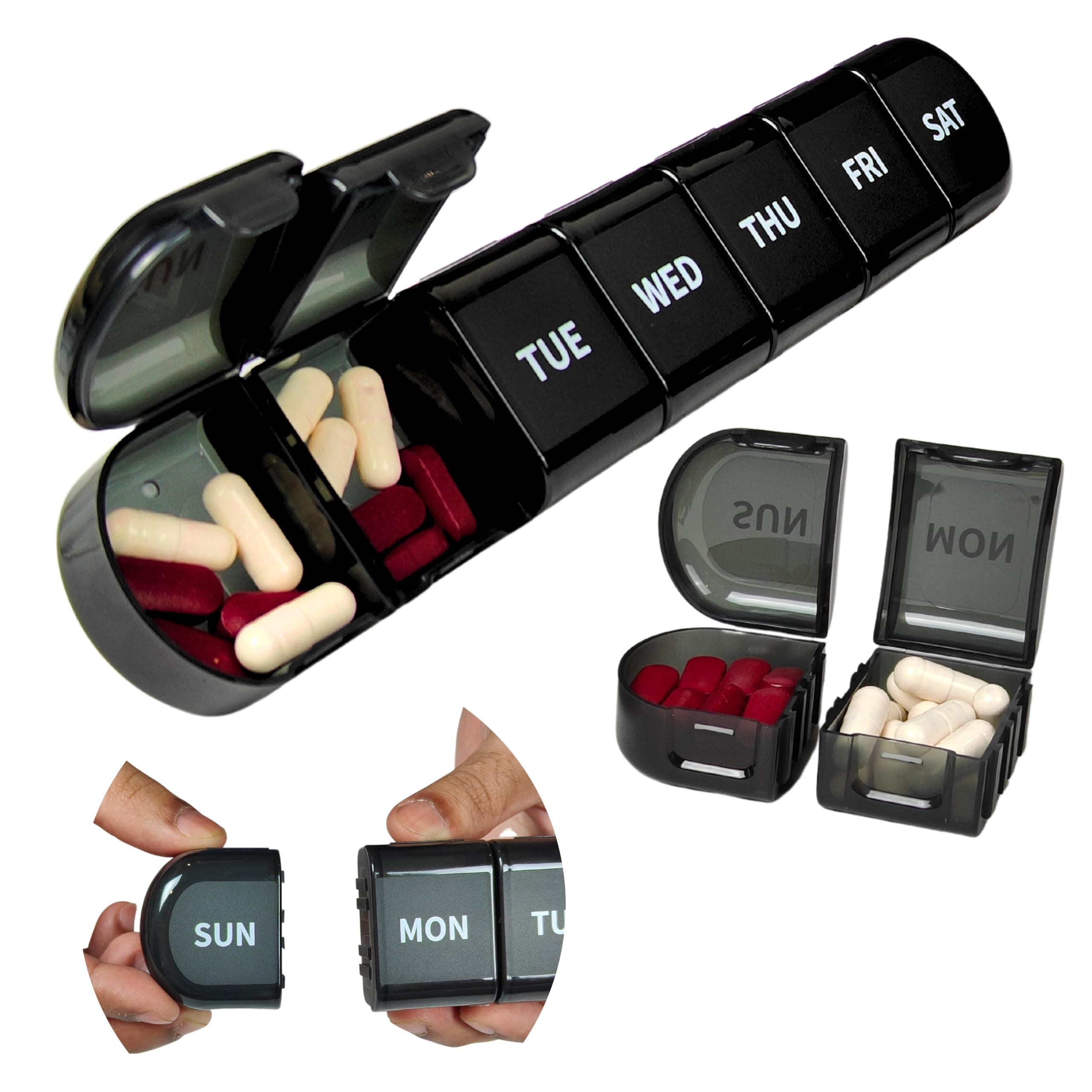Weekly Pill Organizer Box, Pill Box 7 Day,7 Detachable Portable Daily Pill Case Medicine Organizer with Large Compartment, Travel Pill Container for Supplements. (Black-7 Compartment)