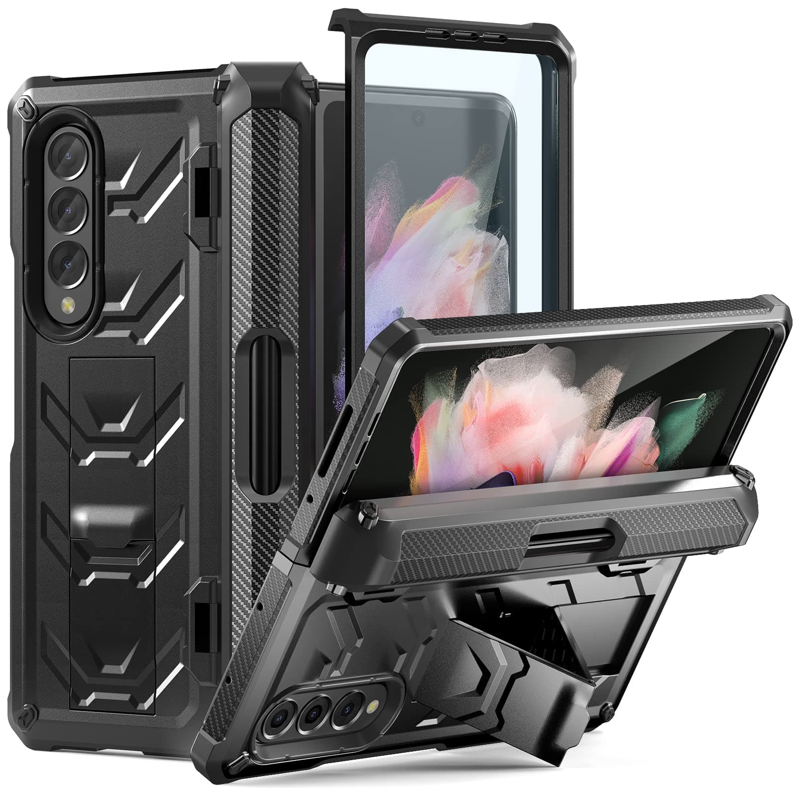 Rugged Case Armor for Samsung-Galaxy-Z-Fold-3 w/ Built-in [Kickstand] [S Pen Holder] [Screen Protector] [Hinge Protection], Heavy Duty Shockproof Protective Cover NOT FIT Z Fold 4/2 (Black)