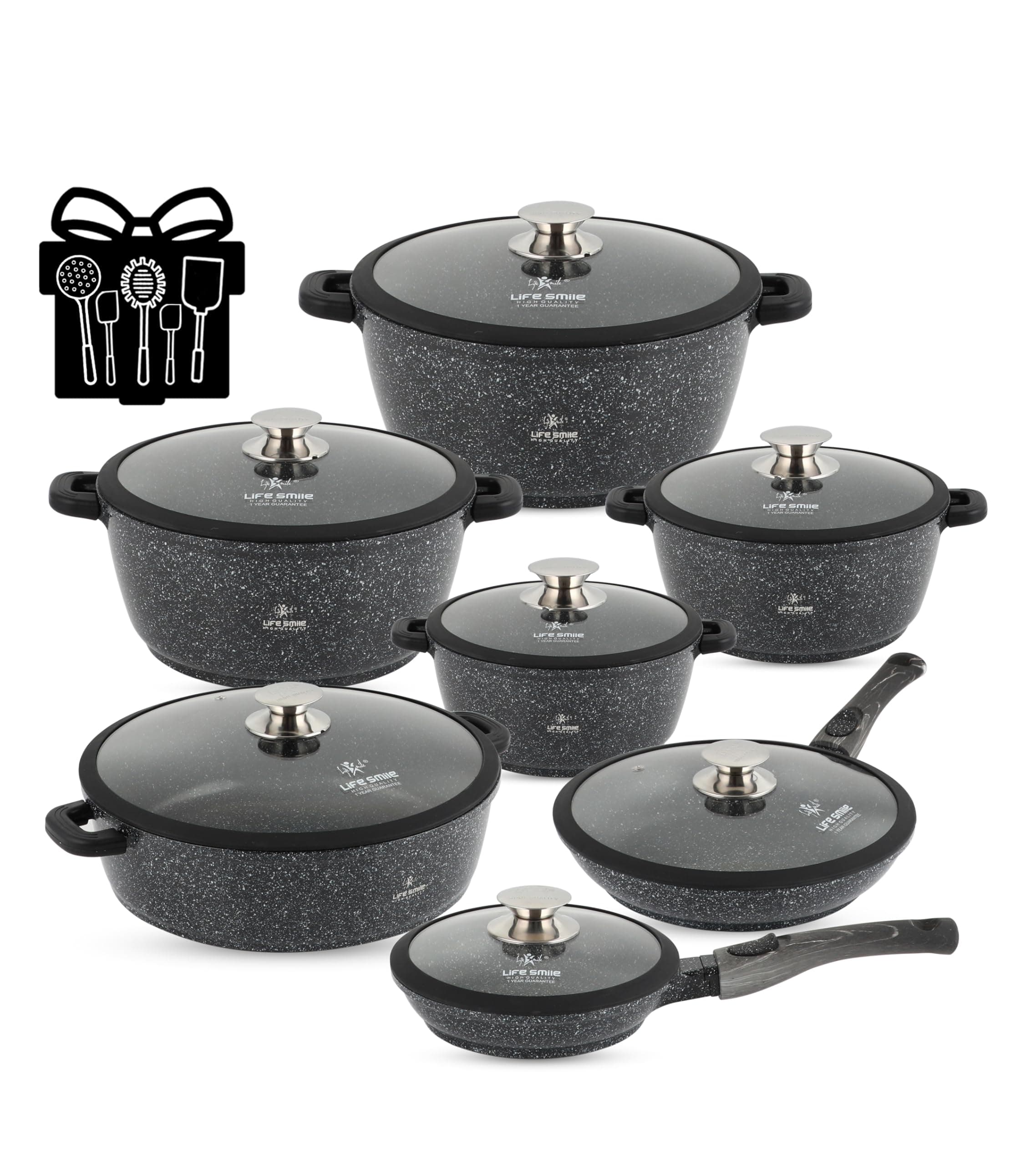 Cookware Set - Pots and Pans set Granite Non Stick Coating 100% PFOA FREE, Induction Base Cooking Set with Removable Silicone Handles - Oven Safe (Black, 29 Pieces)