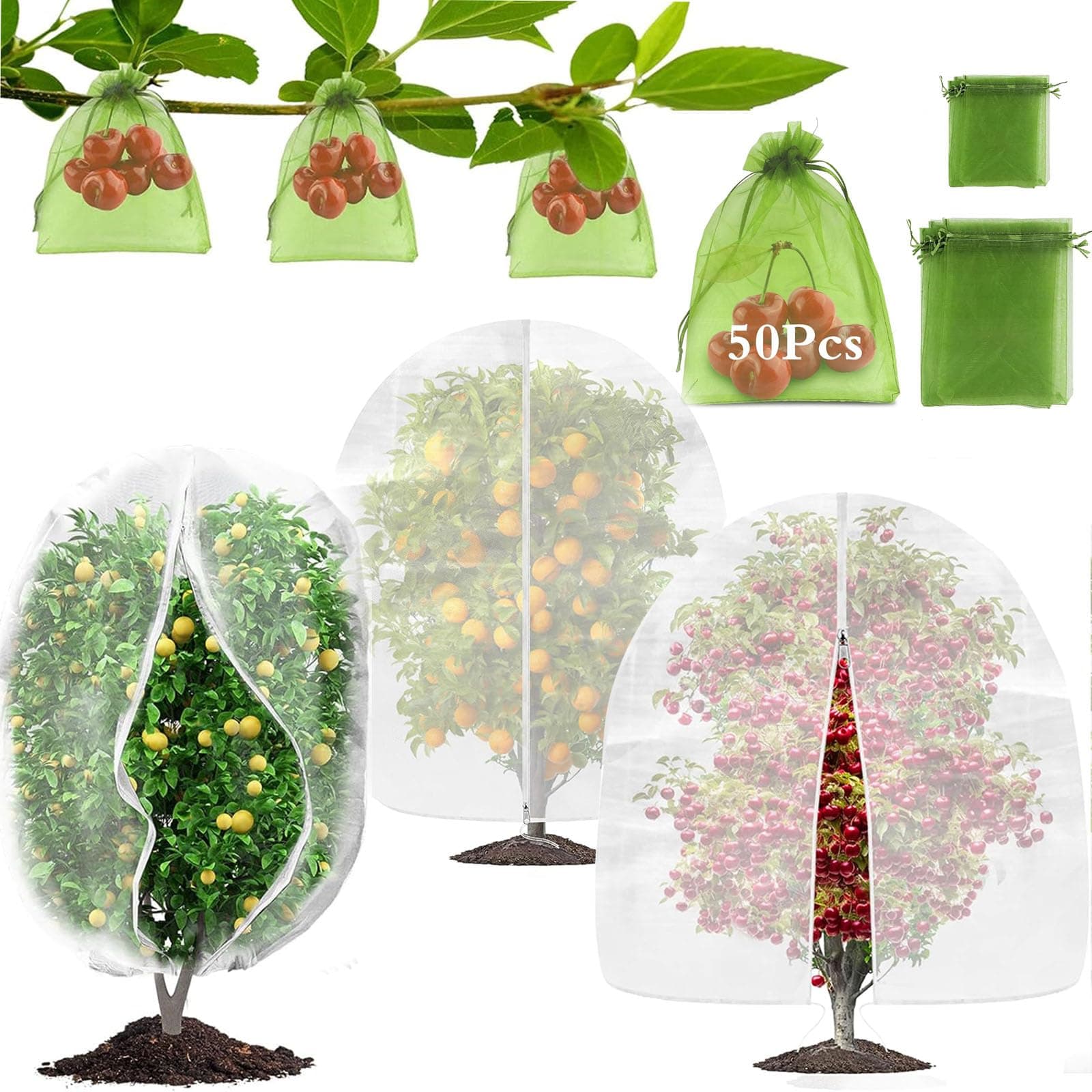 Fruit Tree Netting Bags for Fruit Plants,3 Pack Garden Mesh Netting with Zipper and Drawstring,50pcs Fruit Protection Bags,Protective Cover Bird Netting Garden Plant Barrier Bag (3.3×4.9Ft)