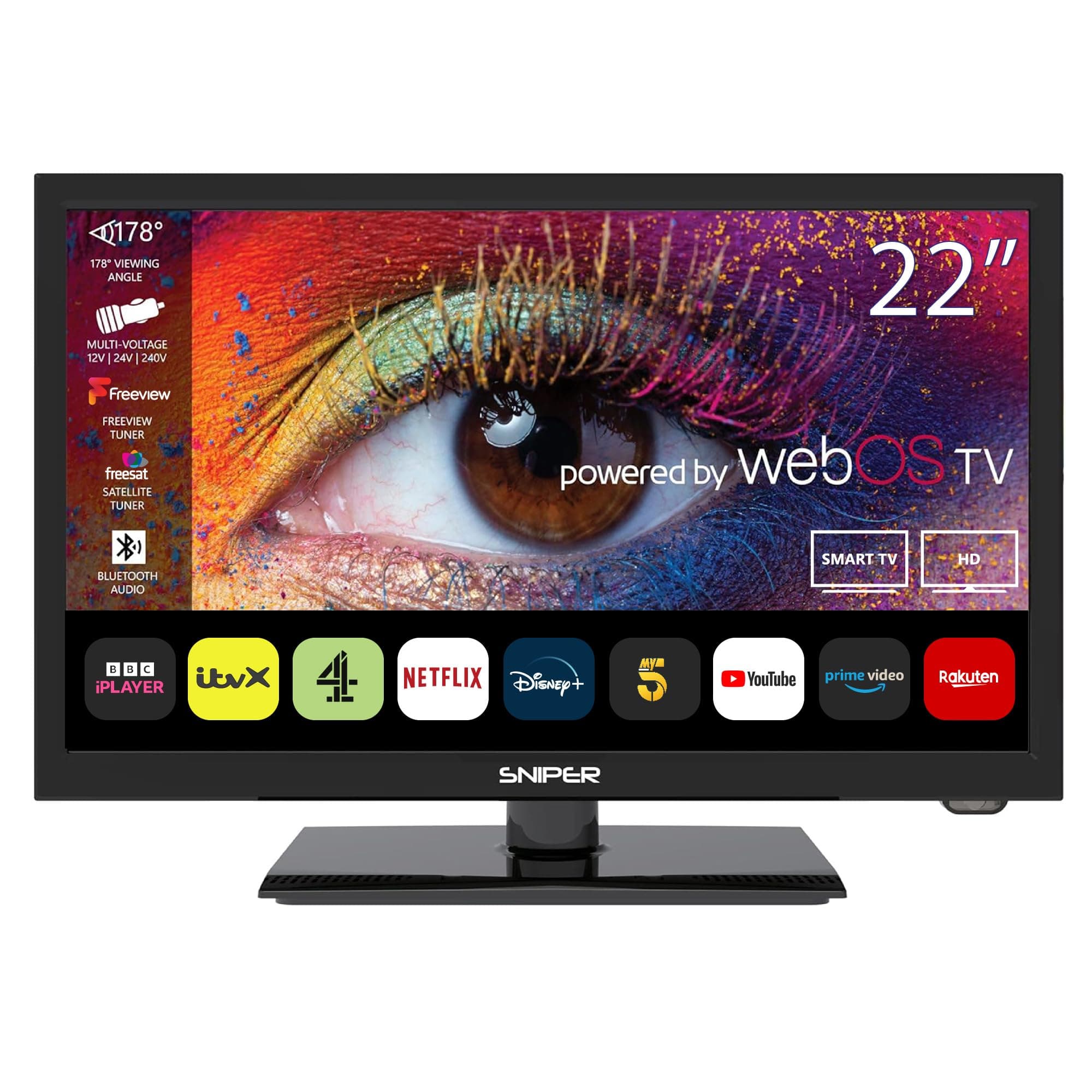 – 22″ SMART LED Camping TV – webOS – Bluetooth 5.0, Wifi, Freeview Tuner, Satellite Tuner, Streaming & Catchup, 3 x HDMI, 2 x USB, Multimedia player, HD