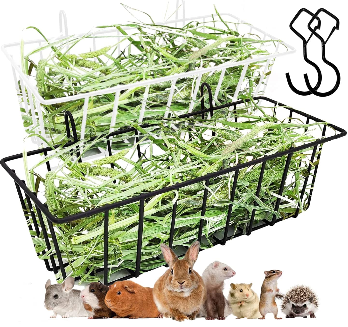 2 Pack Hay Feeder Bunny Hay Feeder Rack with 2 Extra Hooks 4 straps for Rabbit, Guinea Pig, Bunny, Chinchilla, Heavy Duty Metal Rack Hay Holder