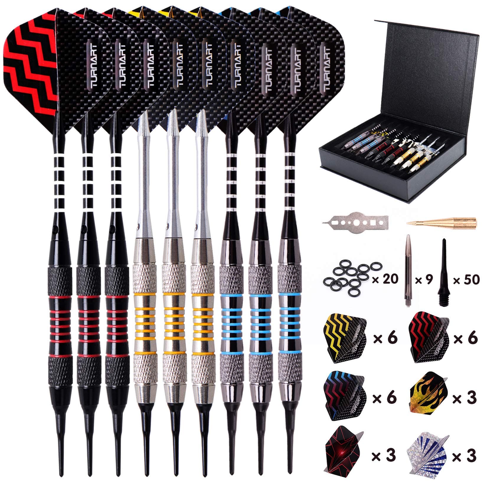 Turnart Darts Plastic Tip - Professional Soft Tip Darts Set for Electronic Dartboard 9 Pcs 18 Grams with 50 Extra Tips 9 Shafts 27 Flights Tool Kit Flight Protectors and Gift Darts Case