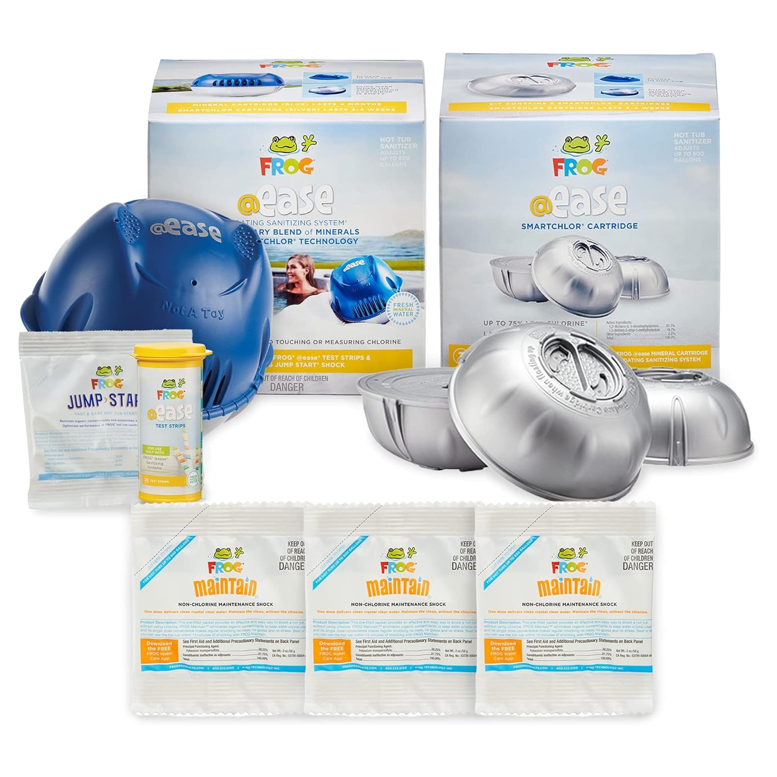 FROG @Ease Floating System for Hot Tubs - Quick & Easy Self-Regulating Hot Tub Sanitizer - Hot Tub Maintenance System with Sanitizing Minerals & SmartChlor Technology - 4 Month Bundle+