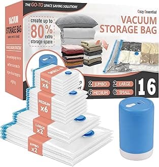 Cozy Essential Polyethylene Vacuum Storage Bags with Electric Pump, 16 Pack (2 Jumbo/2 Large/6 Medium/6 Small) Vacuum Seal Space Bags for Clothing, Pillows, Blanket, Bedding, Comforters, Transparent