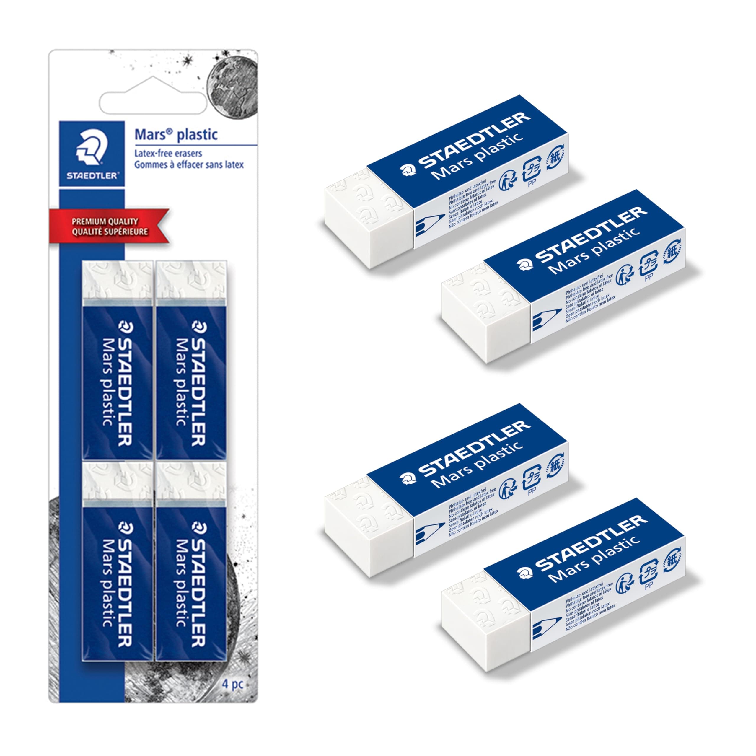 STAEDTLER Mars Plastic Vinyl Erasers (4-Pack), White Erasers for Clean & Precise Results - Latex-Free, Minimal Crumbling, Made in Peru