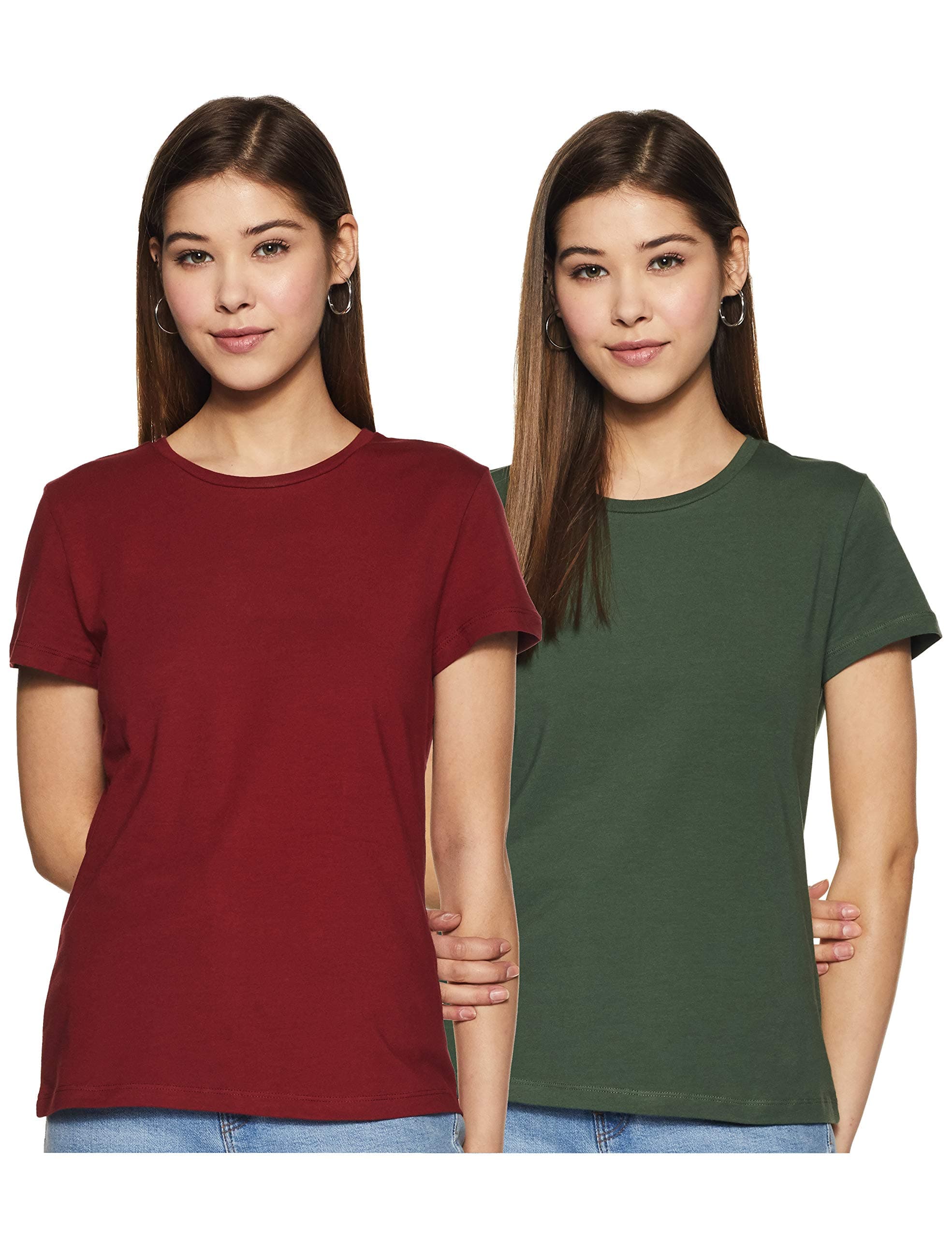 Amazon Brand - SymbolWomen's Solid Cotton Stretch Half Sleeve Round Neck Regular Fit T-Shirt (Pack of 2)
