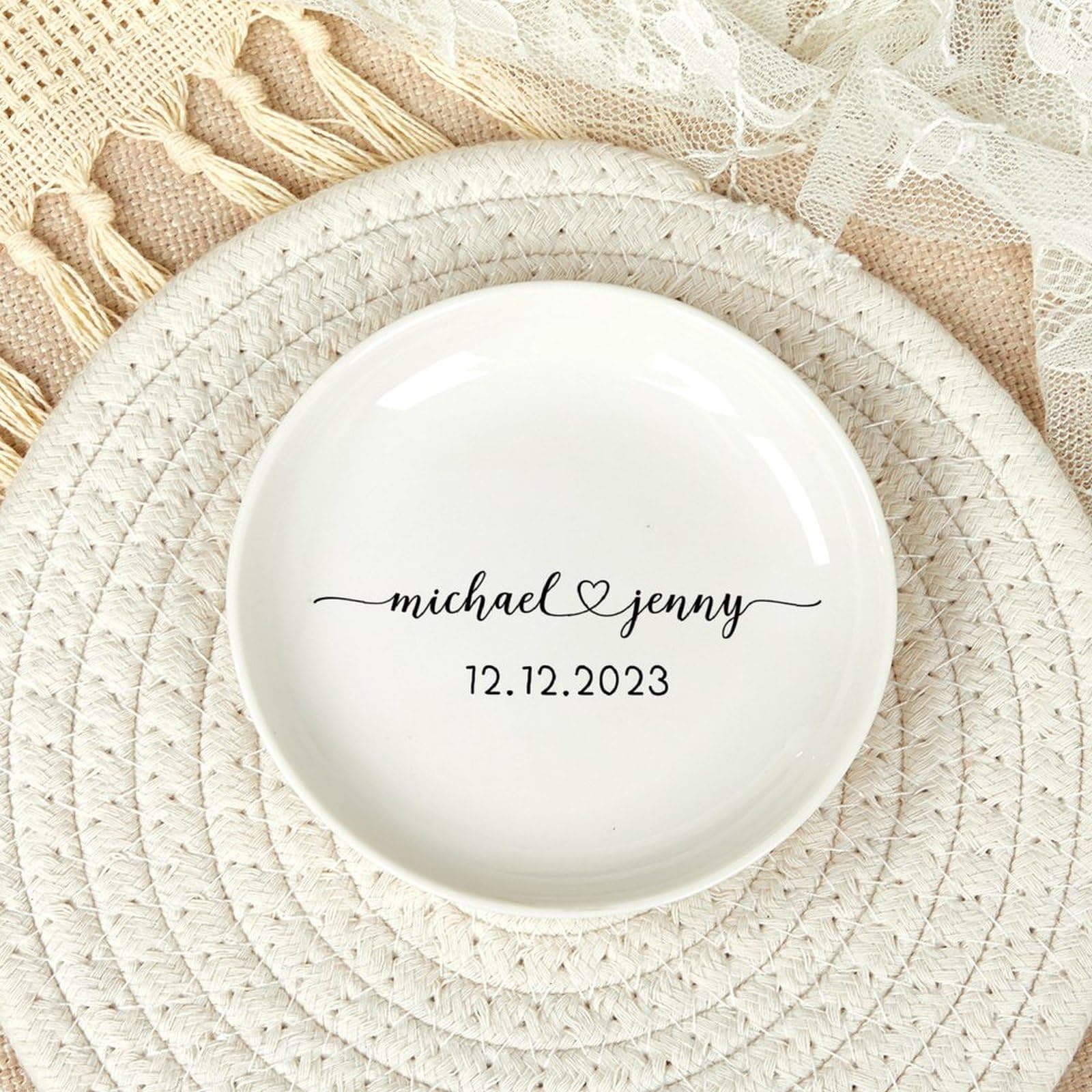 Personalized Engagement Ring Dish, Custom Couple Names Trinket Trays, Customized Wedding Ring Holder, Just Married Gift, 4"