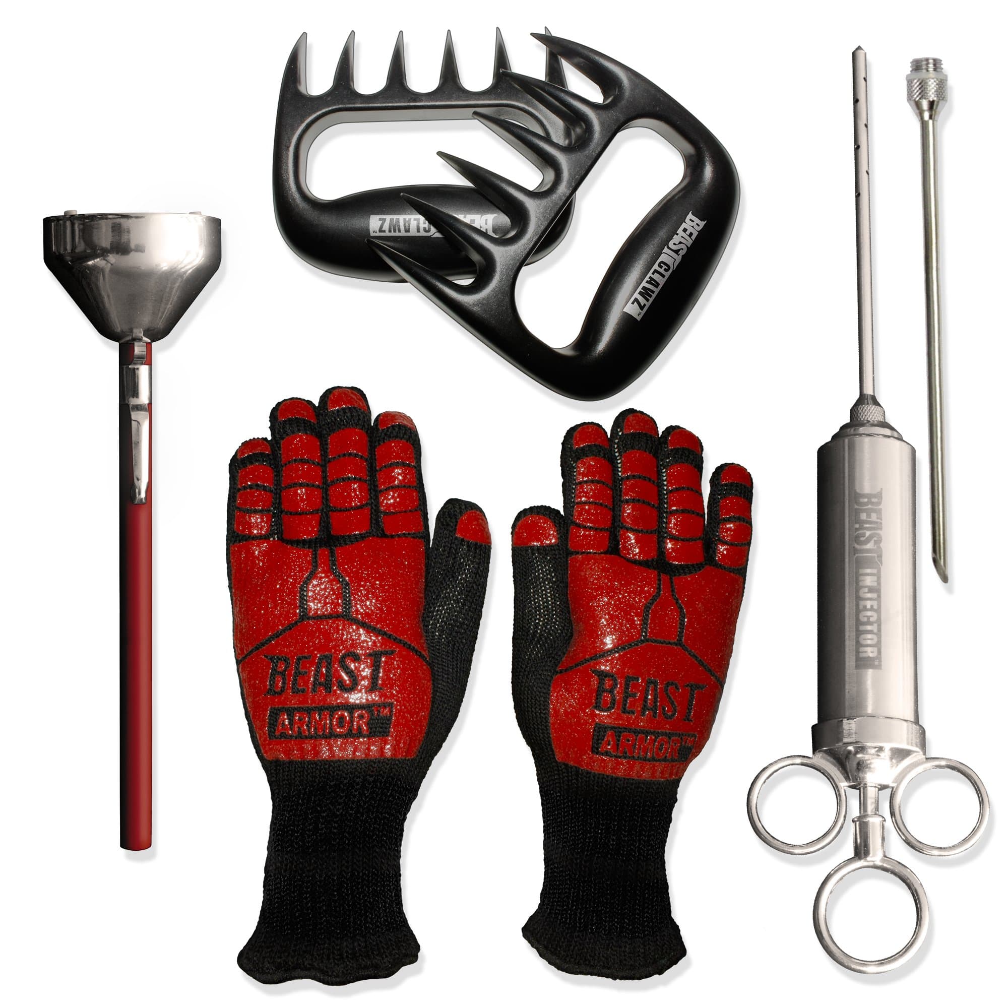 Grill Beast 4-Piece Beast Kit - Meat Injector - Quick Read Thermometer - BBQ Grilling Gloves - Meat Shedding Fork Claws