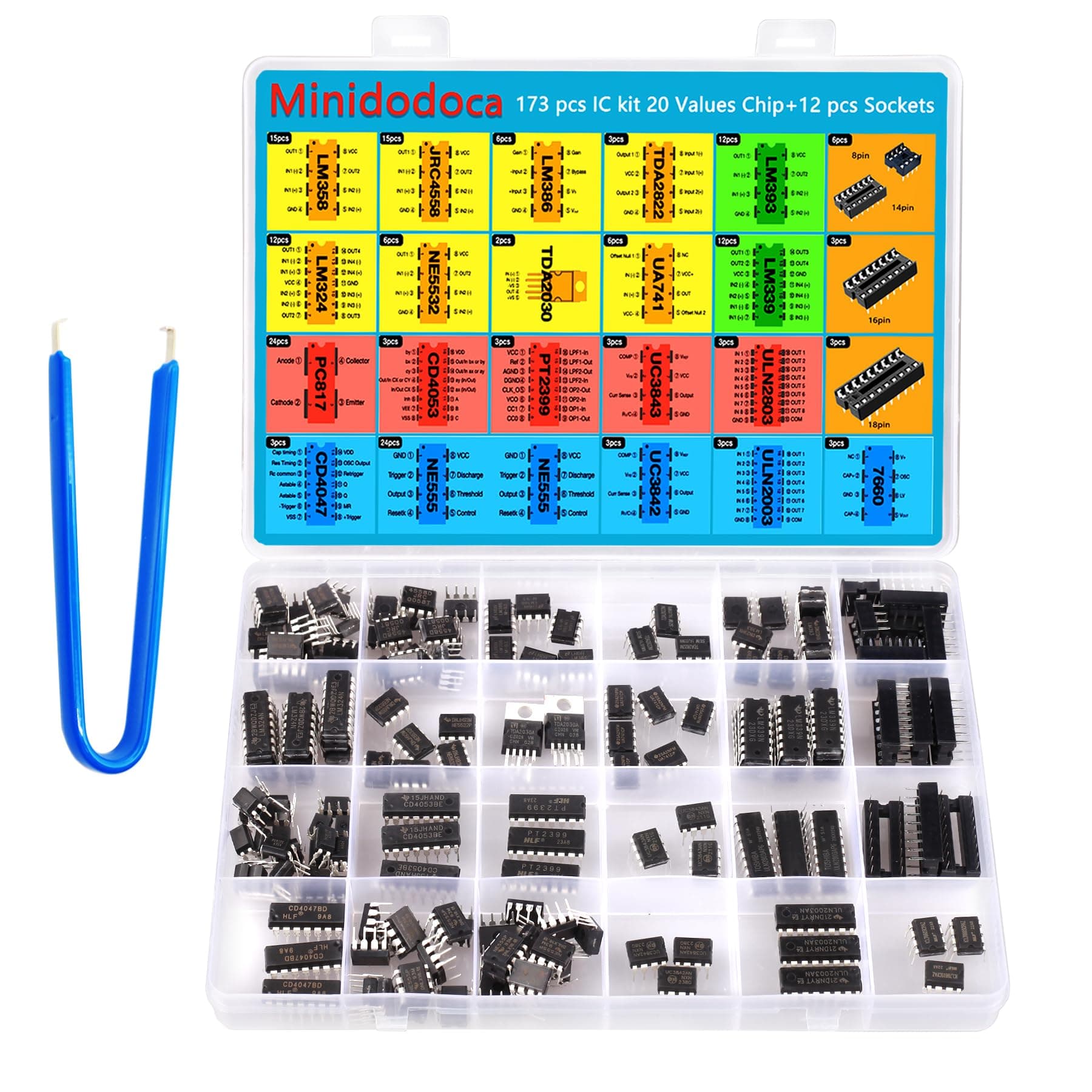 IC Chips kit Minidodoca 173 pcs 20 Values Chip Assortment Set+12 pcs Sockets;Integrated Circuits op amp kit 555 Timer IC Included NE555,LM358, LM324, LM393, LM339, NE5532, LM386,UA741,IC Plier etc