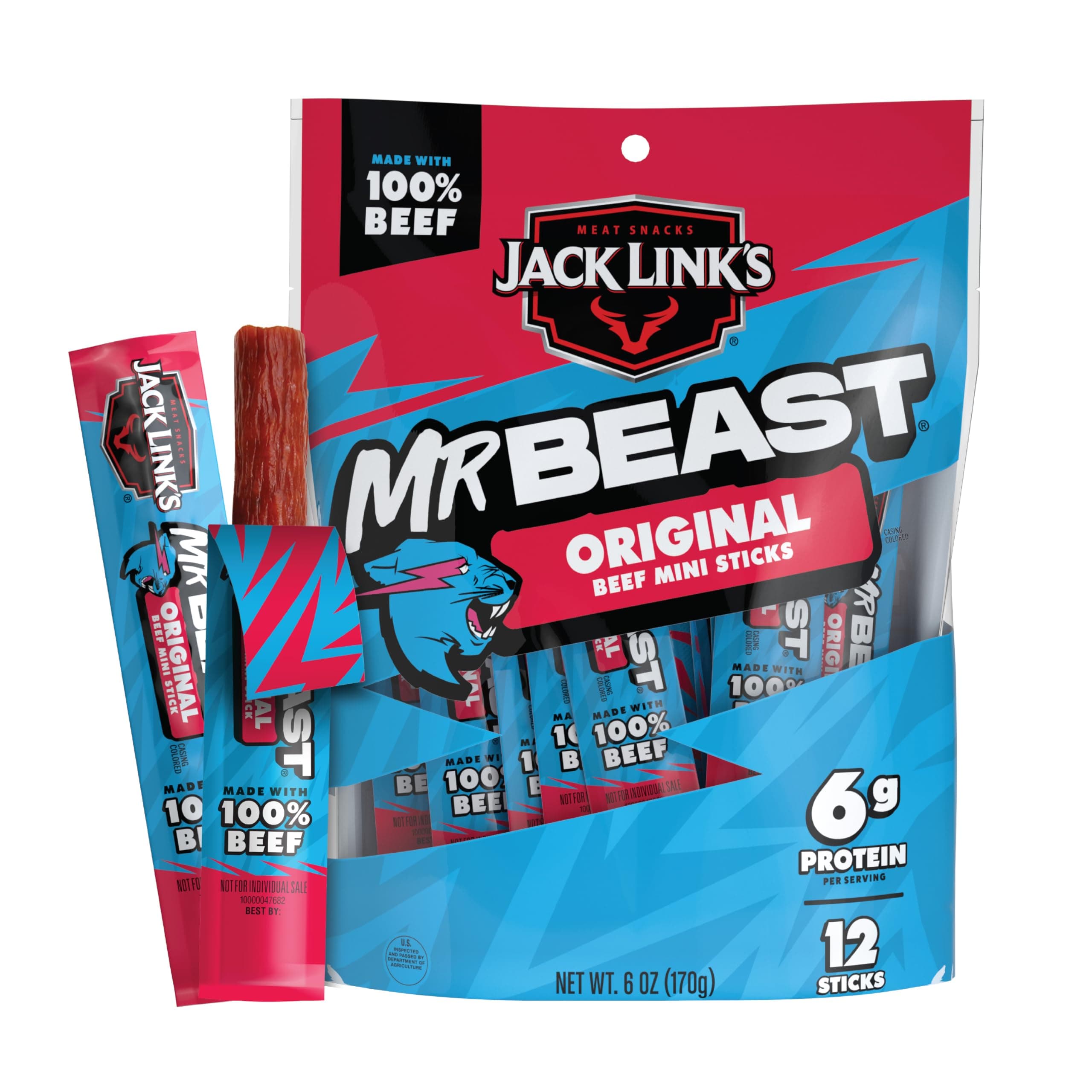 Jack Link's Mini 100% Beef Sticks, Original Flavor – 6g of Protein Snacks, 65...