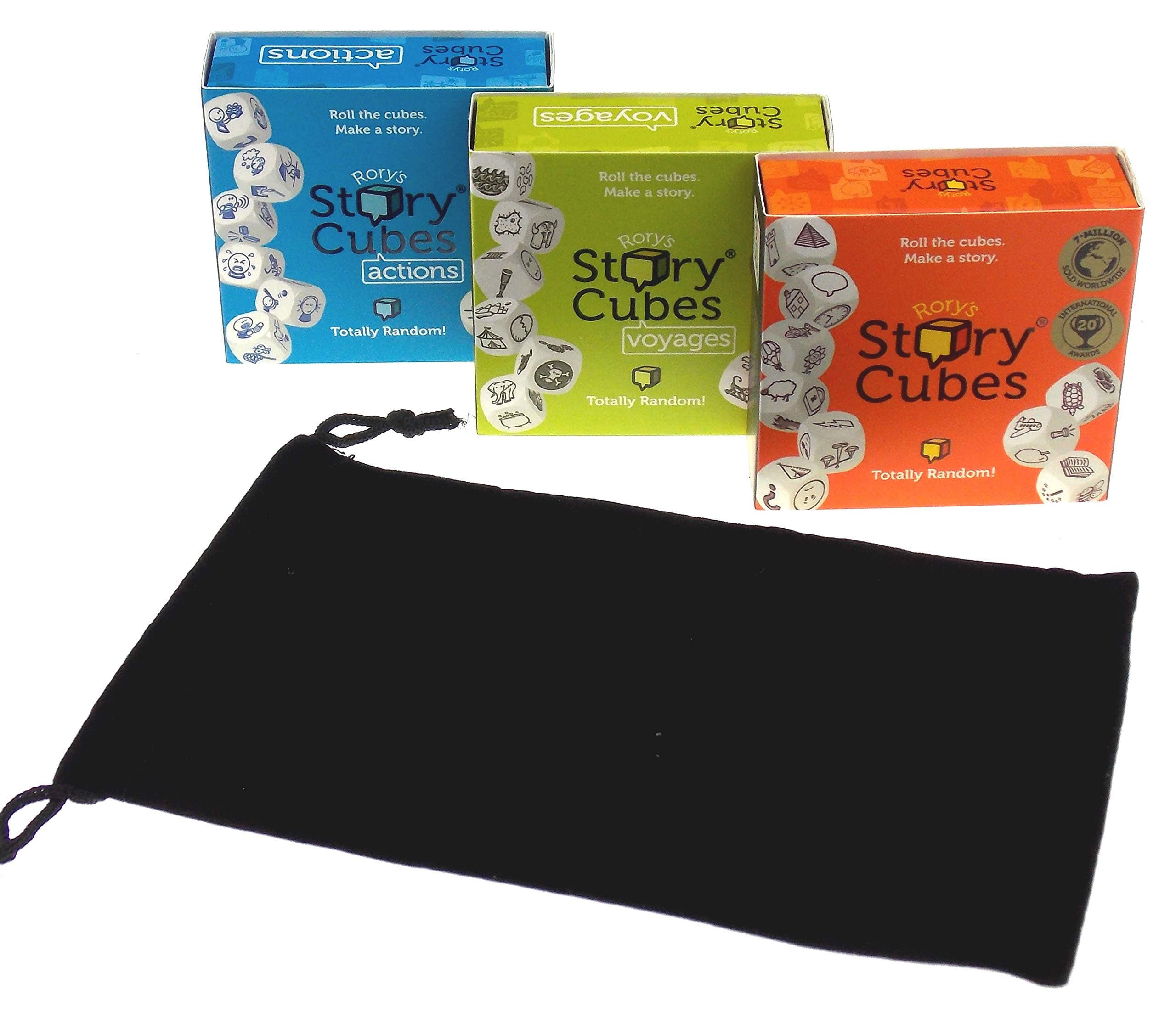 Rory's Story Cubes Bundle - Includes Rory's Story Cubes Original, Actions, Voyages & Hickoryville Velour Drawstring Bag (4 Items)