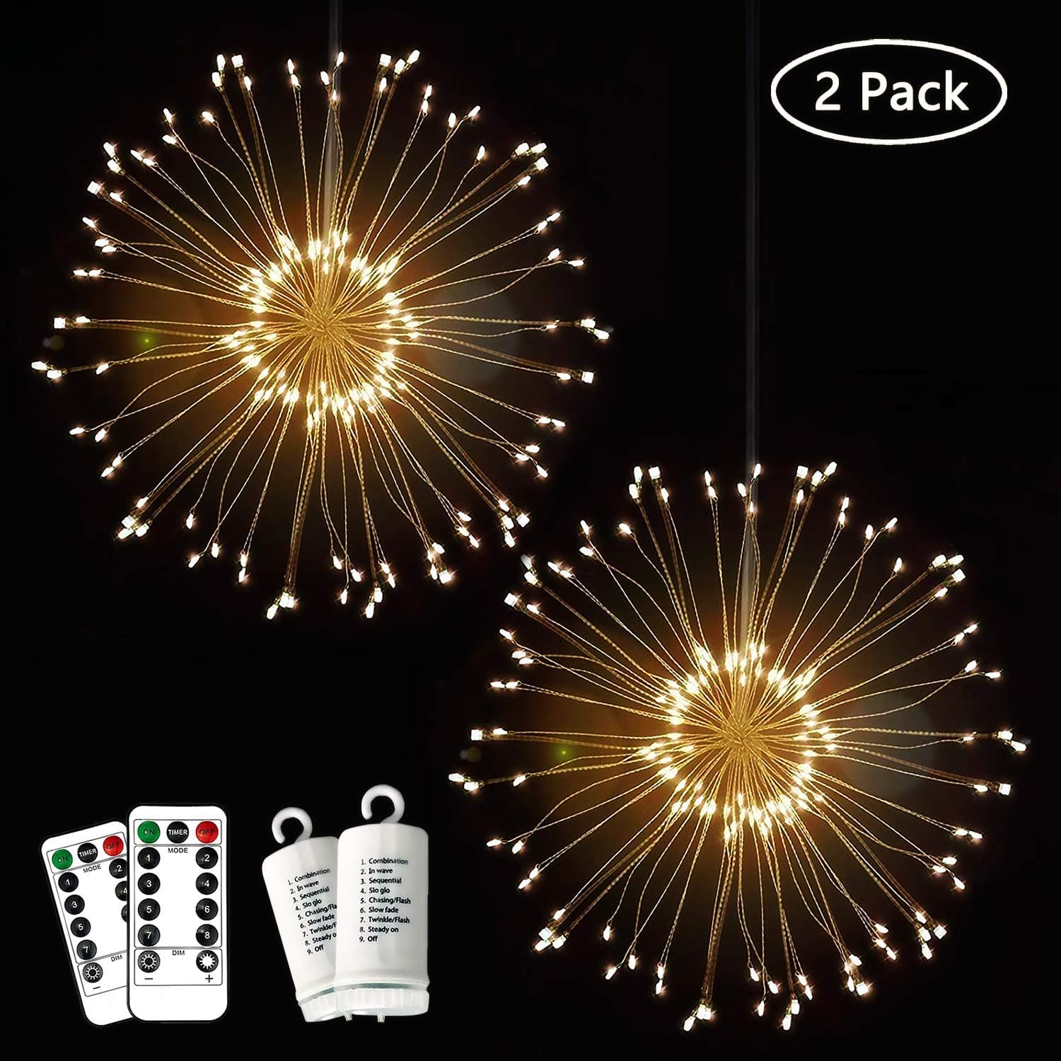 Makion Firework Fairy Light 120 LED, 8 Modes Dimmable Decorative Fairy Lights Waterproof Battery Operated with Remote Timer, Twinkle Lights for Indoor Outdoor Holiday Wedding Yard[2PACK Warm White]