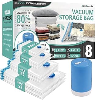 Cozy Essential Travel Vacuum Storage Bags with Rechargeable Cordless Electric Pump, Space Saver Bags for Luggage, Suitcase, Carry-On, for Clothes, Blankets, Comforters, Pillows, 8 Combo