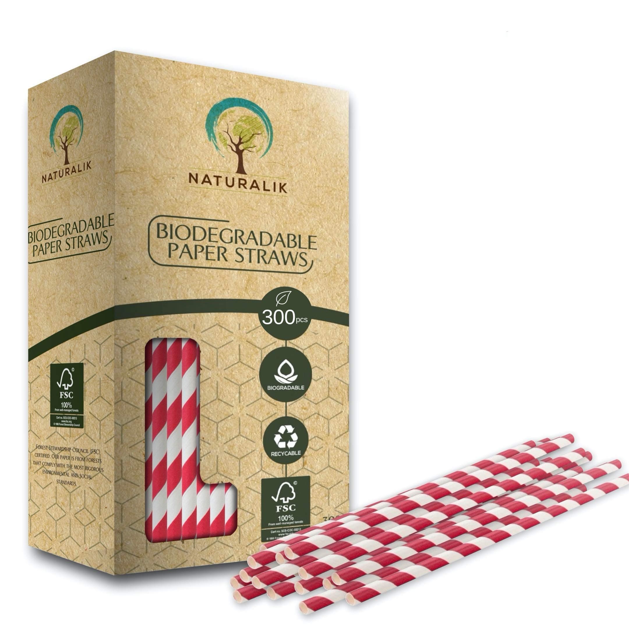 Naturalik 300 Pack Extra Durable Red Paper Straws Biodegradable- Heavy Duty Eco-Friendly Paper Straws Bulk- Drinking Straws for Juices, Restaurants and Party supplies, 7.7" (Red, 300ct)