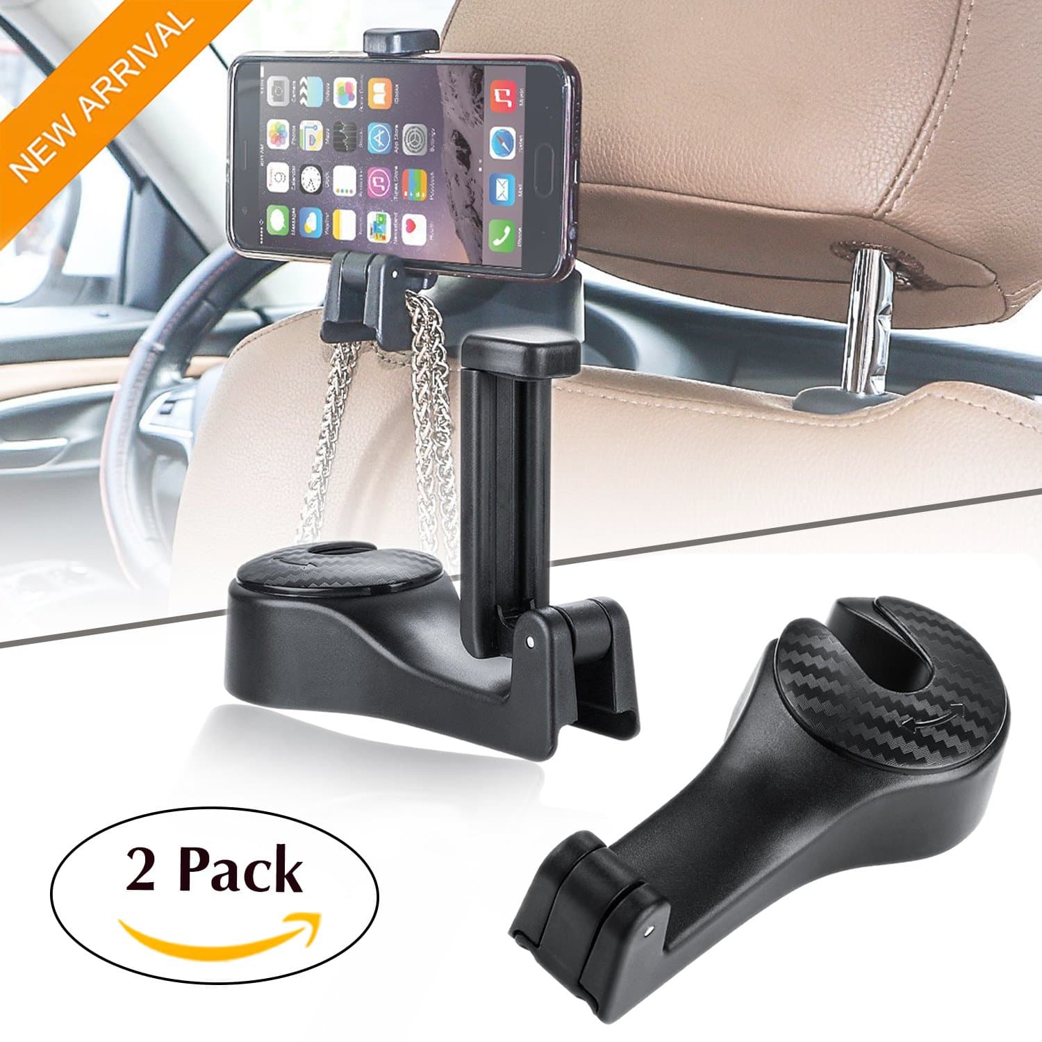 Inasmile Car Headrest Hook Car Seat Hooks，Universal Car Back Seat Hanger Holder Hook with Cell Phone Bracket Stand 2 in 1 (Car Headrest Hook)