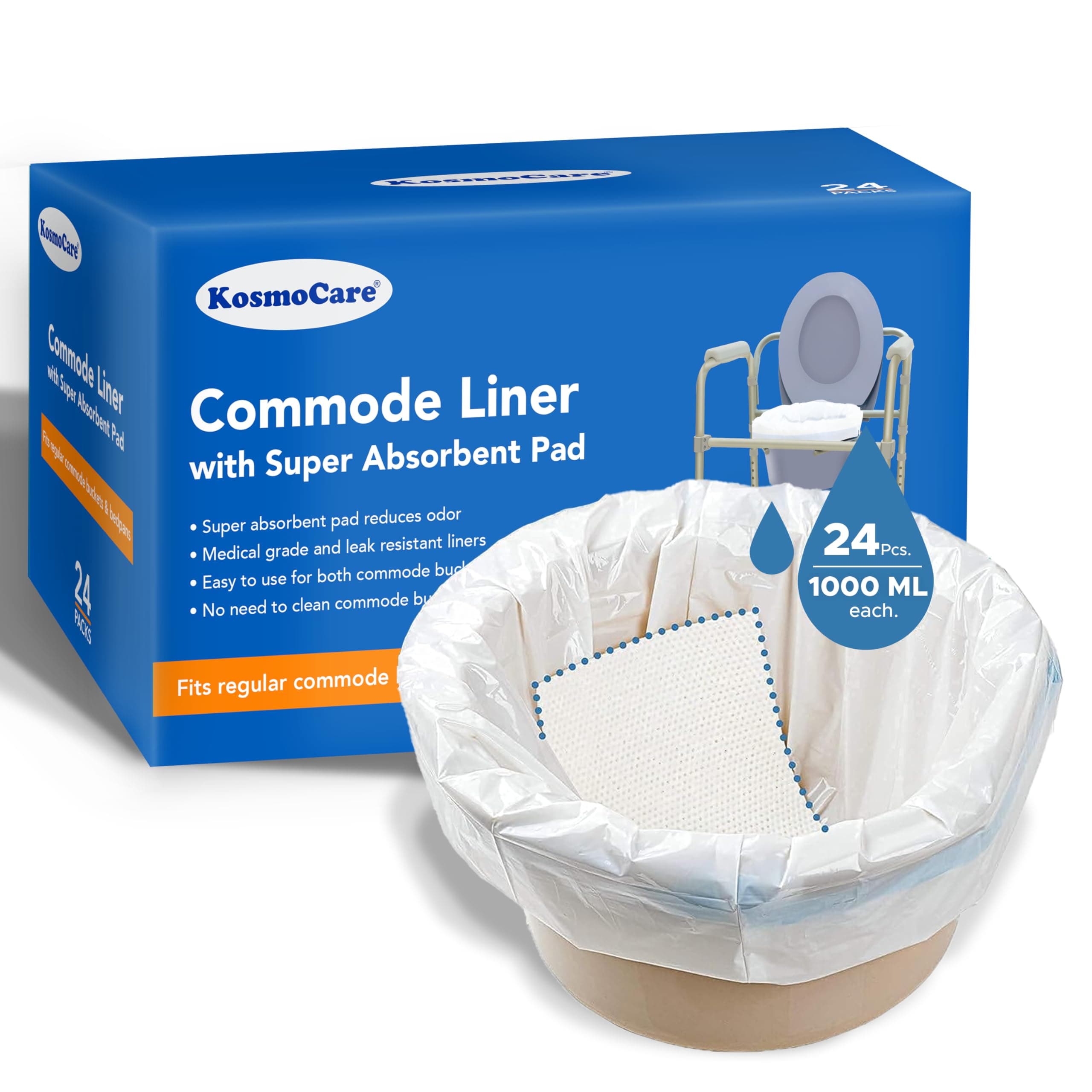 Disposable Bedside Commode Pail Liners; 24 Liners Universal Fit with Super Absorbent Pads