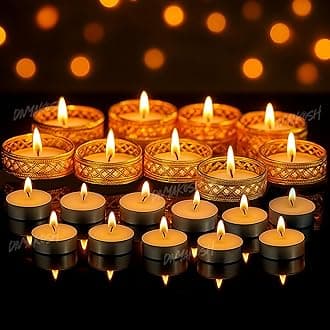 Divyakosh 24 Pcs Metal Tealight Candle Holders and 50 PCS Wax Tealight Candles. Golden Tea Light Holder with 100% Refined Paraffin Wax, Unscented, Smokeless