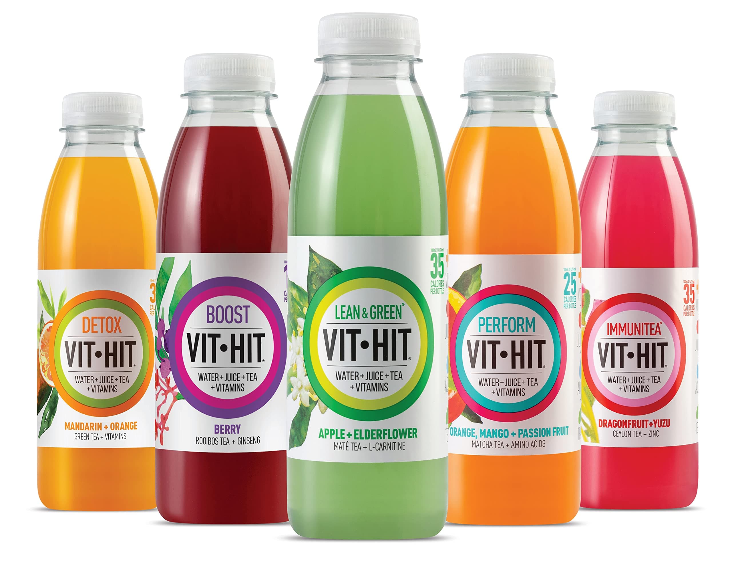 Vithit Vitamin Drink Variety Pack - 3 Lean & Green, 3 Detox, 2 Immunitea, 2 Perform, 2 Boost | Vegan, Low Sugar, Low Calories, Vitamin Soft Drink | 100% RDA of 8 Vitamins (500ml x 12 Bottles)