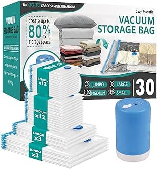 Cozy Essential Travel Vacuum Storage Bags with Rechargeable Cordless USB Pump, Space Saver Bags for Luggage, Suitcase, Carry-On, for Clothes, Blankets, Bedding & Seasonal Storage,30 Combo